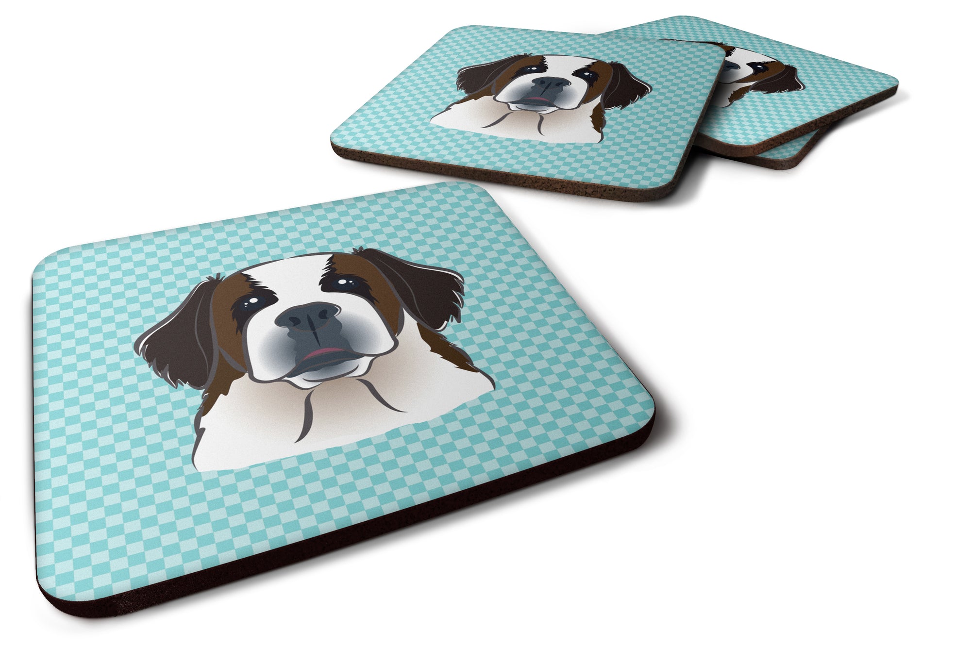 Set of 4 Checkerboard Blue Saint Bernard Foam Coasters BB1184FC - the-store.com