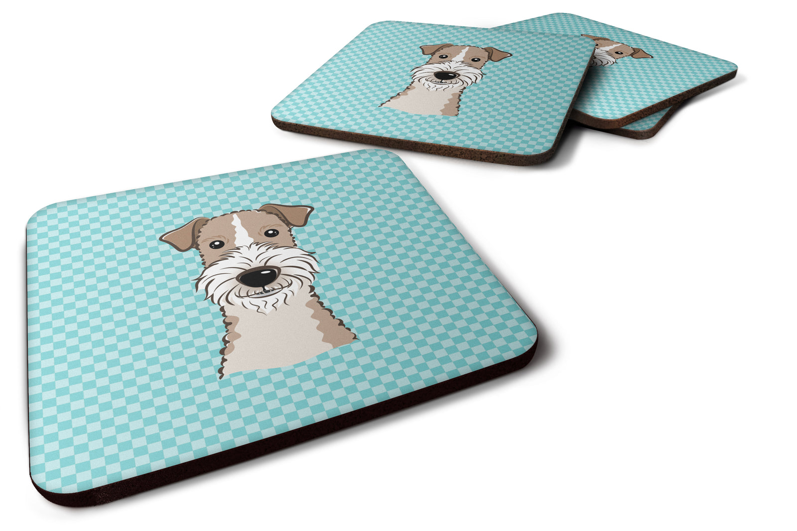 Set of 4 Checkerboard Blue Wire Haired Fox Terrier Foam Coasters BB1185FC - the-store.com