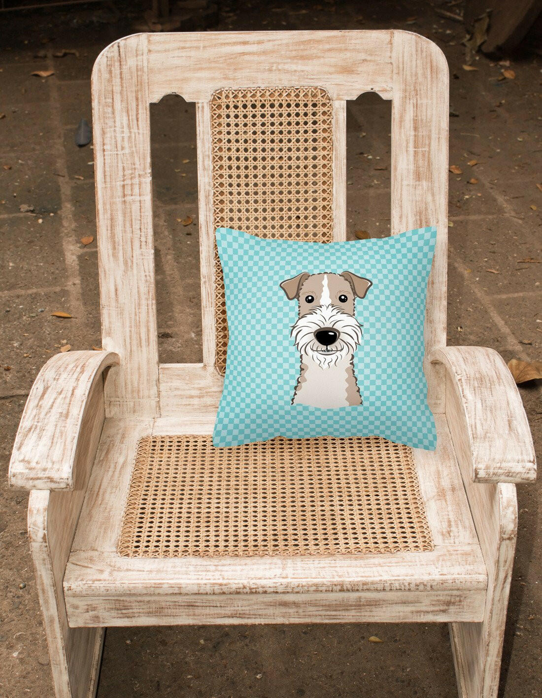 Checkerboard Blue Wire Haired Fox Terrier Canvas Fabric Decorative Pillow BB1185PW1414 - the-store.com