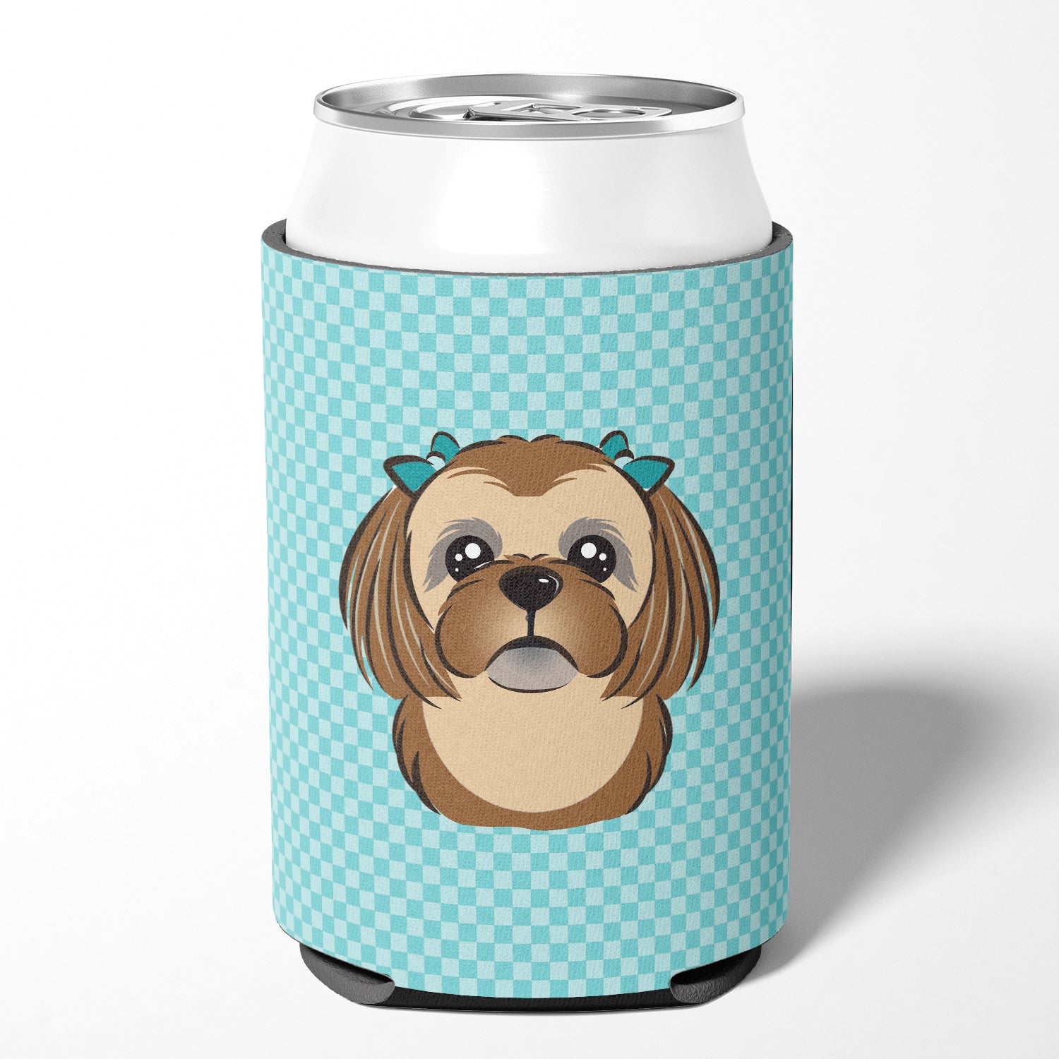 Checkerboard Blue Chocolate Brown Shih Tzu Can or Bottle Hugger BB1187CC.