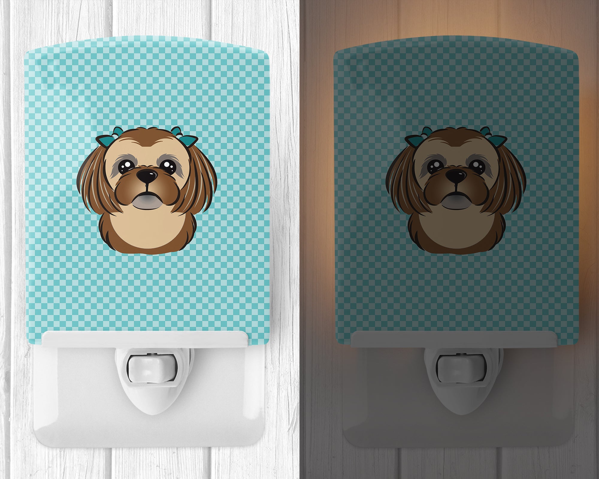 Checkerboard Blue Chocolate Brown Shih Tzu Ceramic Night Light BB1187CNL - the-store.com