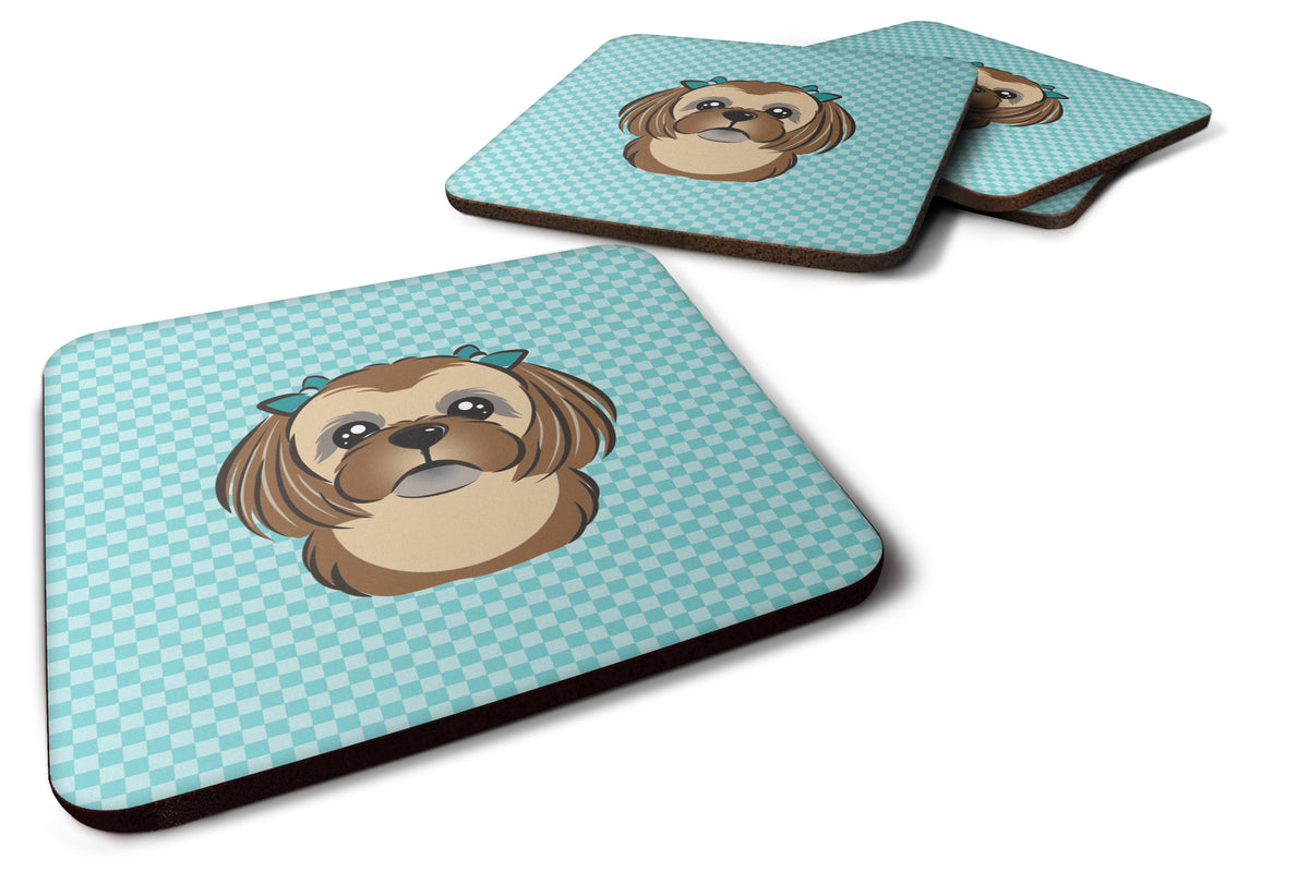 Set of 4 Checkerboard Blue Chocolate Brown Shih Tzu Foam Coasters BB1187FC - the-store.com