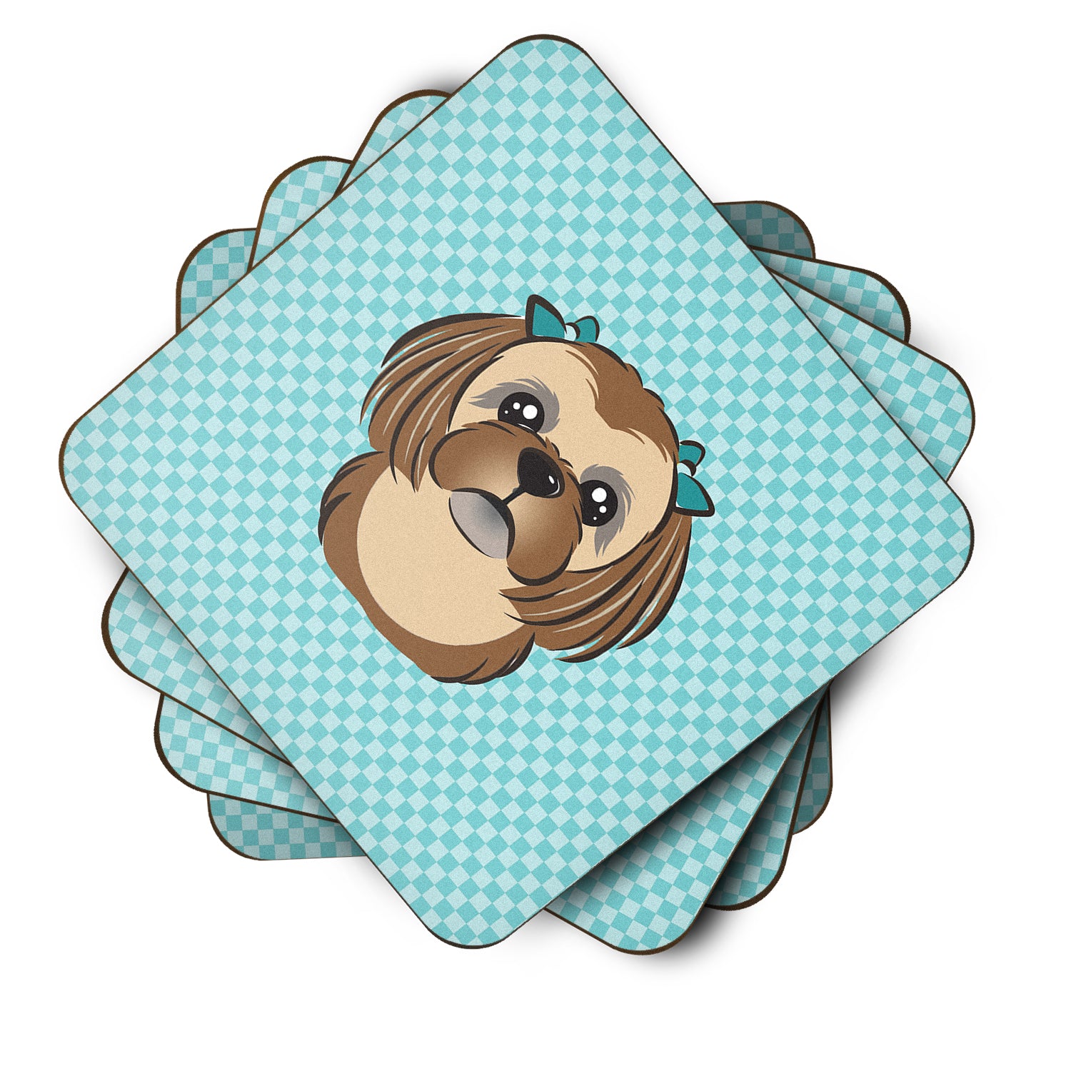 Set of 4 Checkerboard Blue Chocolate Brown Shih Tzu Foam Coasters BB1187FC - the-store.com