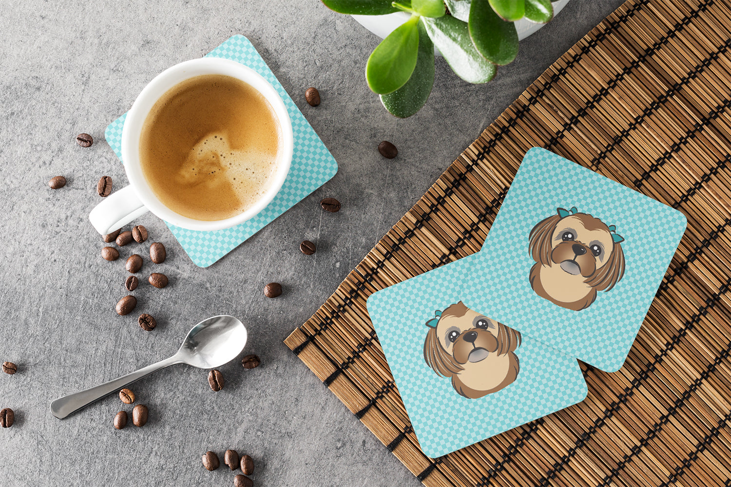 Set of 4 Checkerboard Blue Chocolate Brown Shih Tzu Foam Coasters BB1187FC - the-store.com