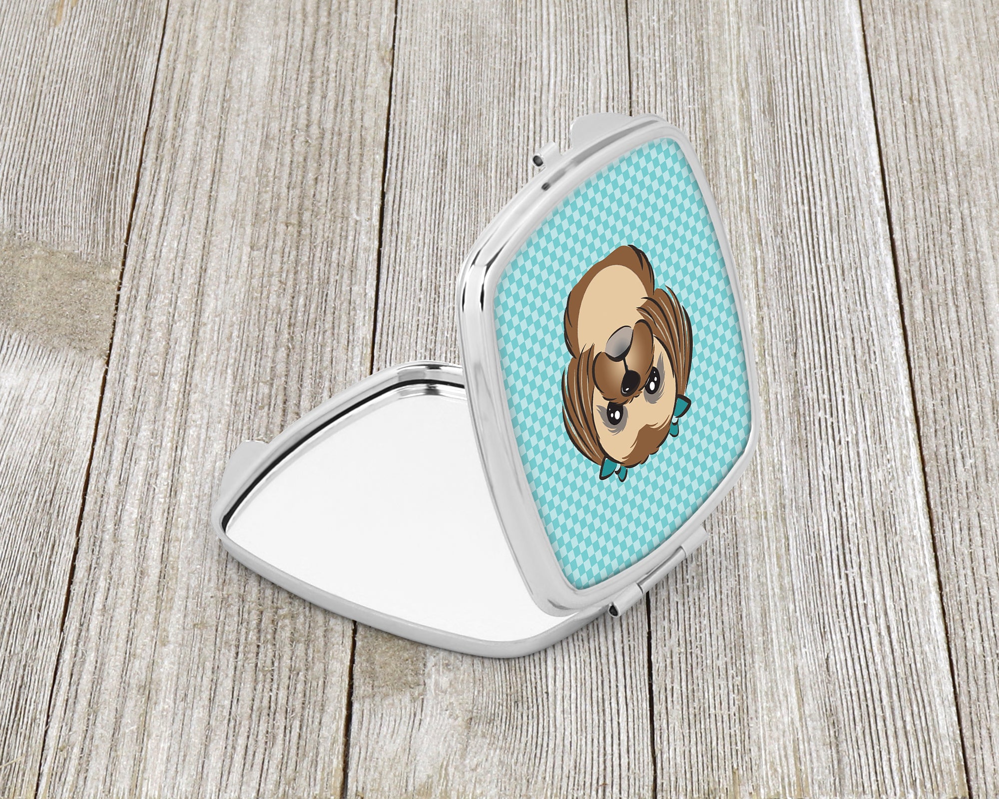 Checkerboard Blue Chocolate Brown Shih Tzu Compact Mirror BB1187SCM  the-store.com.