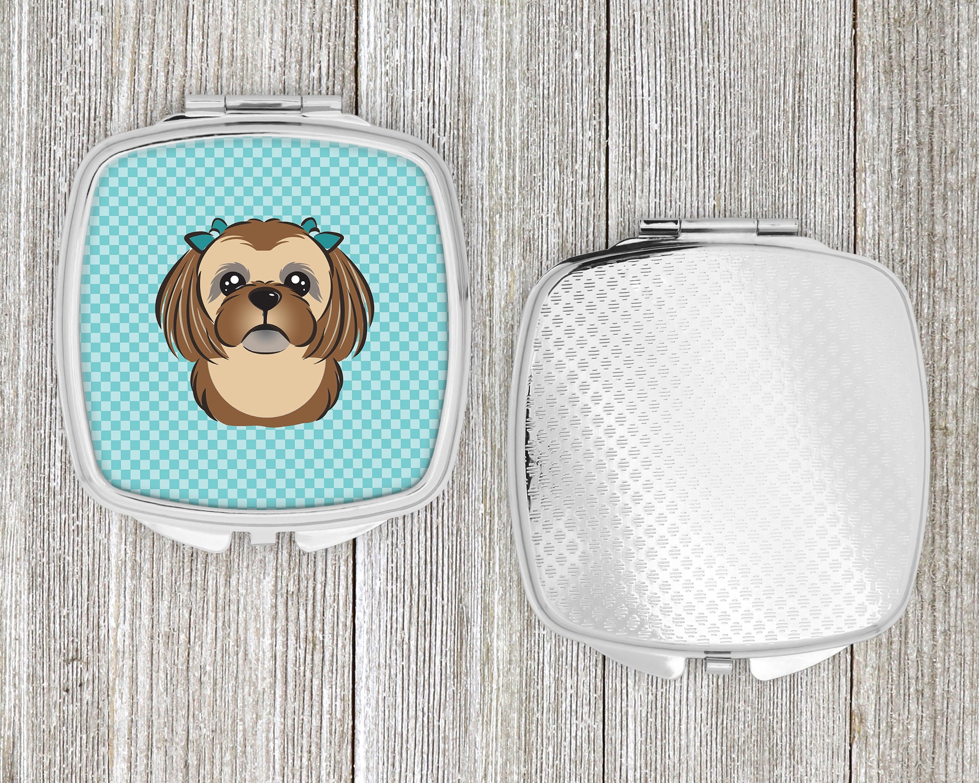 Checkerboard Blue Chocolate Brown Shih Tzu Compact Mirror BB1187SCM  the-store.com.