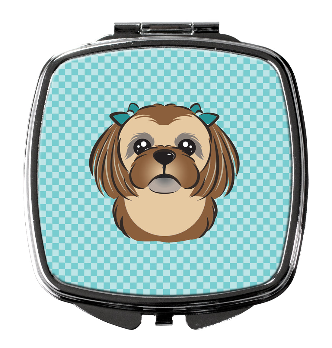 Checkerboard Blue Chocolate Brown Shih Tzu Compact Mirror BB1187SCM  the-store.com.