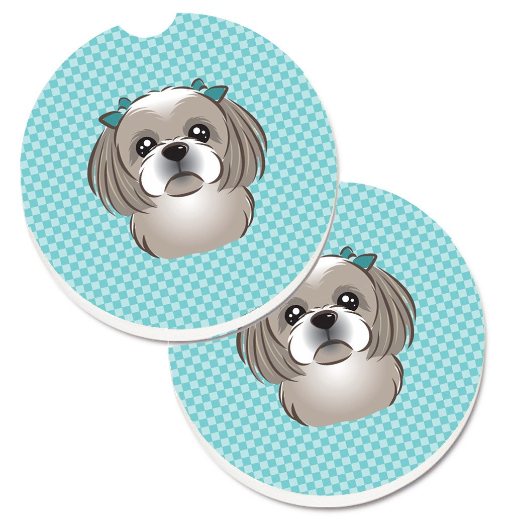 Checkerboard Blue Gray Silver Shih Tzu Set of 2 Cup Holder Car Coasters BB1188CARC by Caroline's Treasures