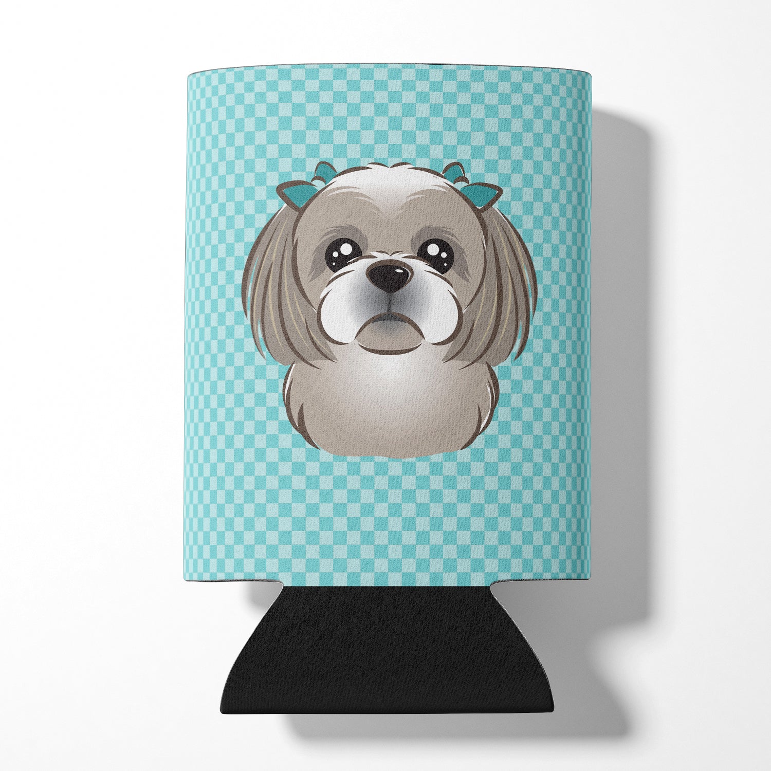 Checkerboard Blue Gray Silver Shih Tzu Can or Bottle Hugger BB1188CC.