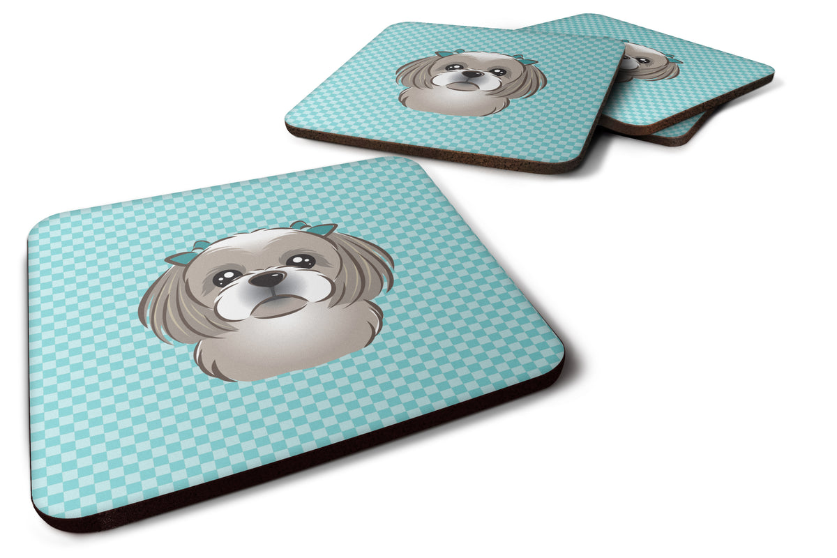 Set of 4 Checkerboard Blue Gray Silver Shih Tzu Foam Coasters BB1188FC - the-store.com