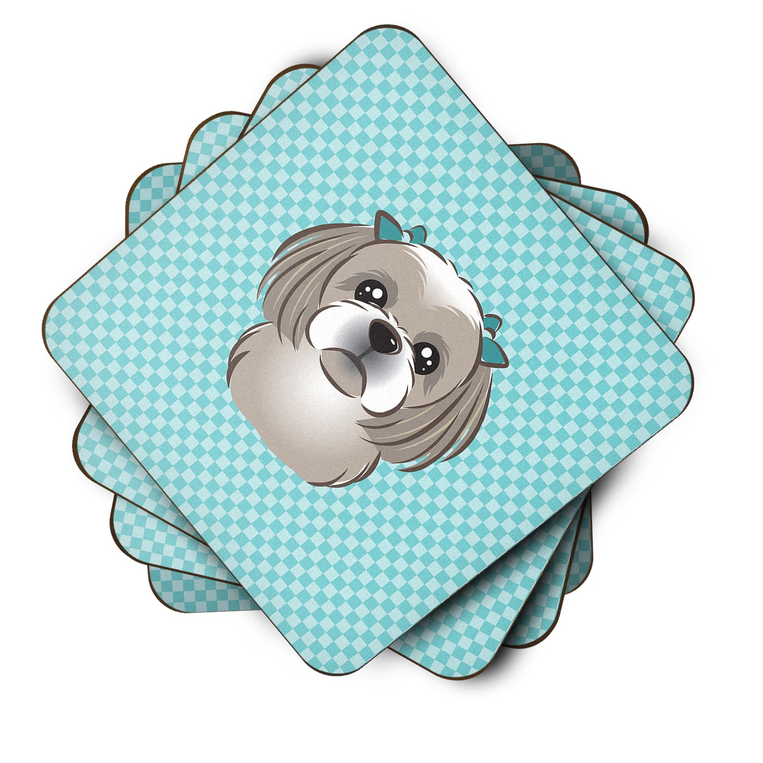 Set of 4 Checkerboard Blue Gray Silver Shih Tzu Foam Coasters BB1188FC - the-store.com