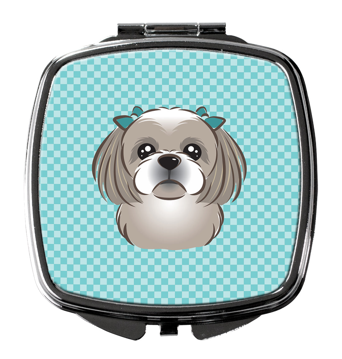 Checkerboard Blue Gray Silver Shih Tzu Compact Mirror BB1188SCM  the-store.com.