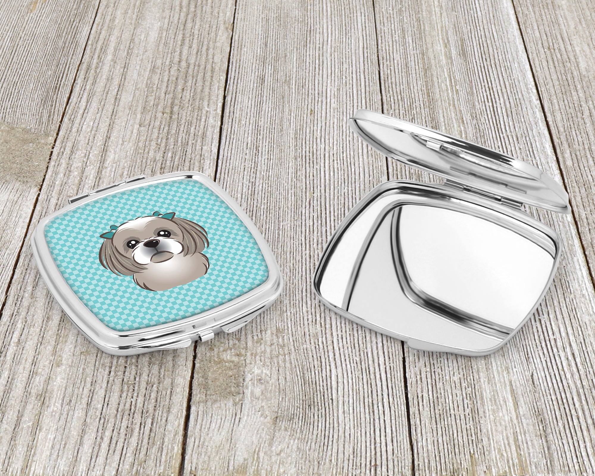 Checkerboard Blue Gray Silver Shih Tzu Compact Mirror BB1188SCM  the-store.com.