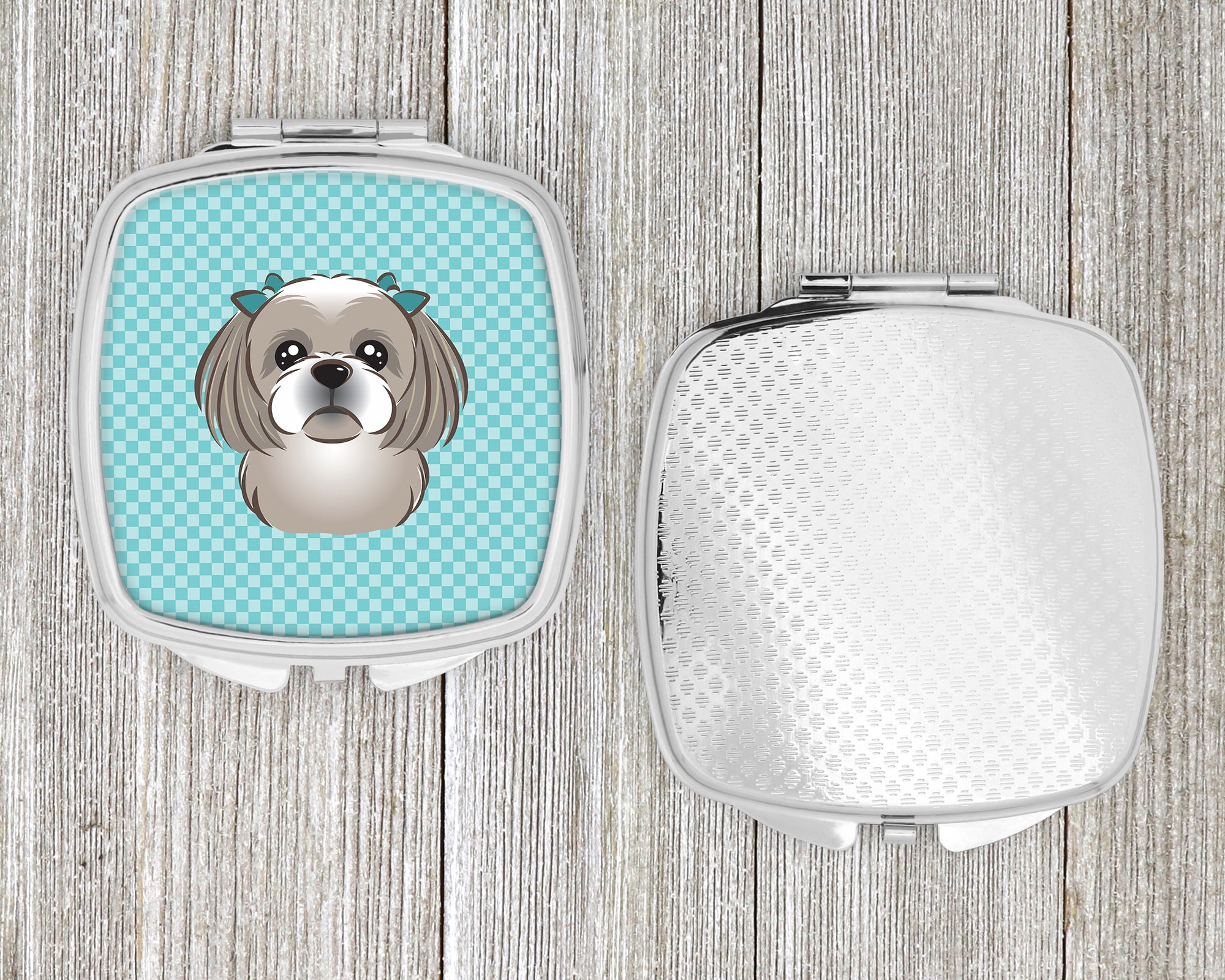 Checkerboard Blue Gray Silver Shih Tzu Compact Mirror BB1188SCM  the-store.com.