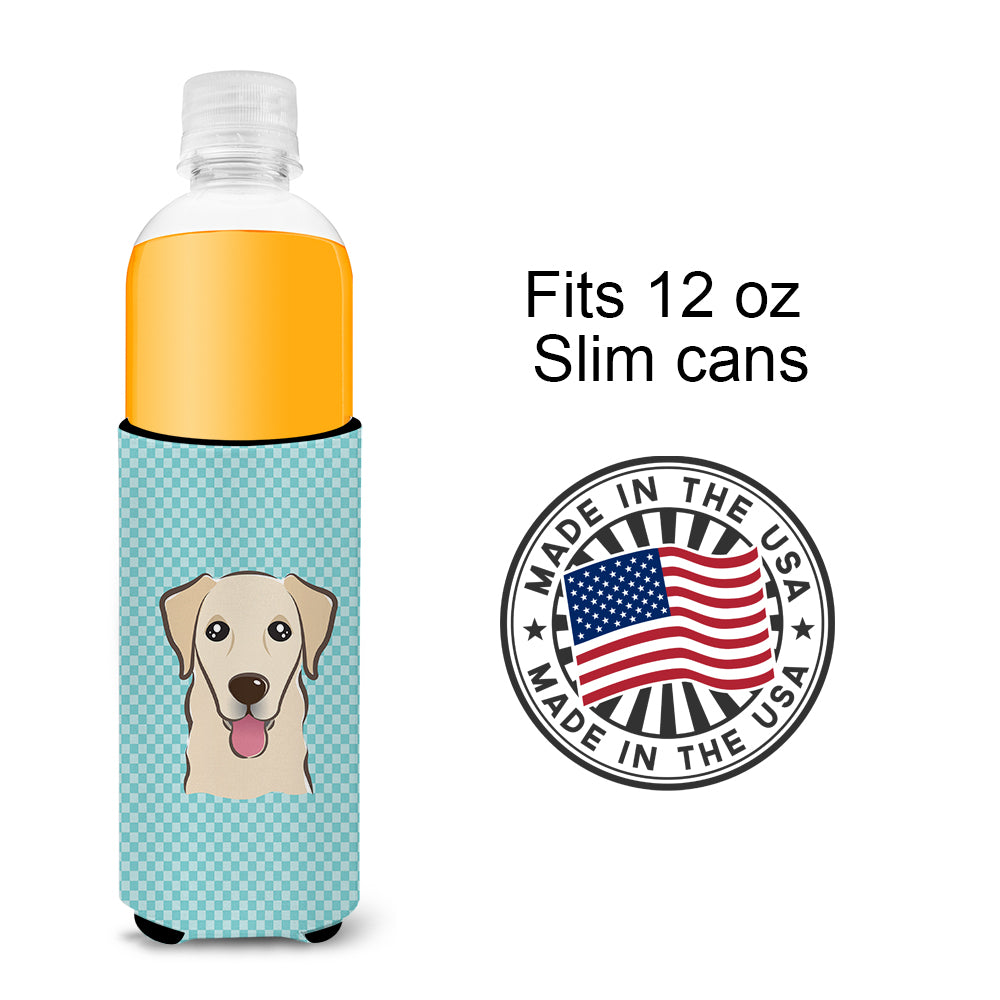 Checkerboard Blue Golden Retriever Ultra Beverage Insulators for slim cans.