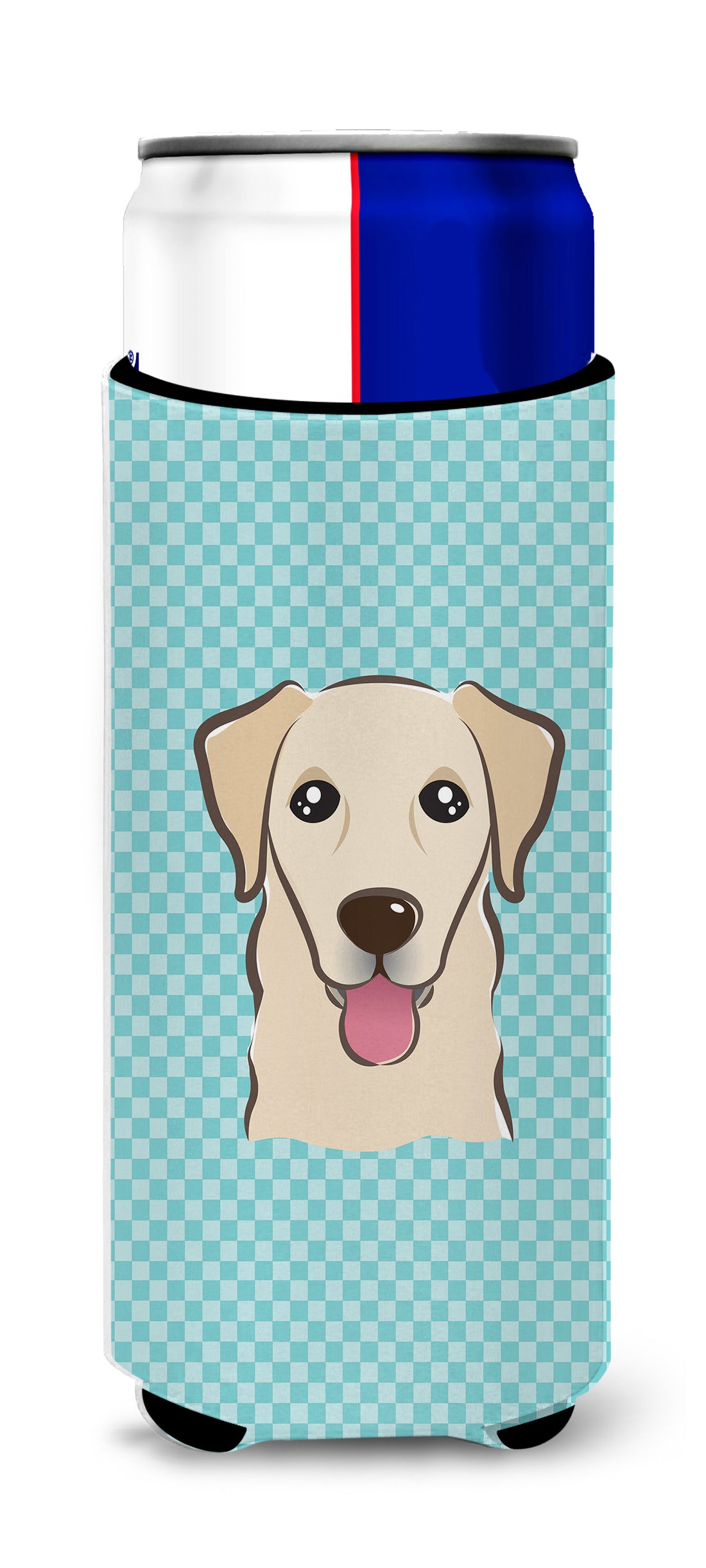 Checkerboard Blue Golden Retriever Ultra Beverage Insulators for slim cans.