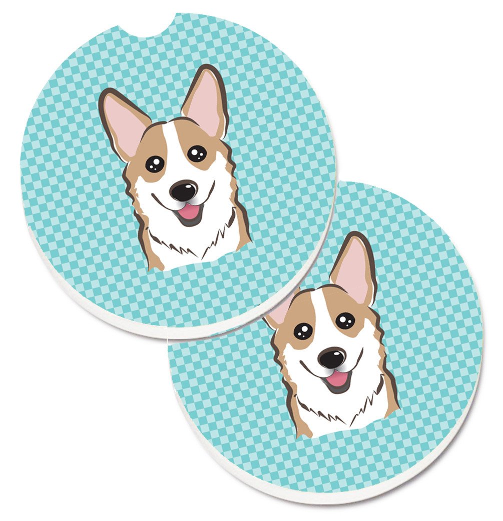 Checkerboard Blue Corgi Set of 2 Cup Holder Car Coasters BB1191CARC by Caroline's Treasures