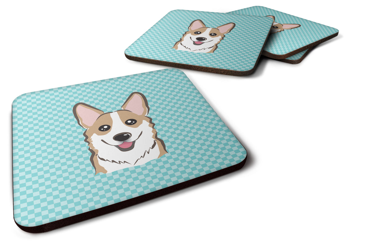 Set of 4 Checkerboard Blue Corgi Foam Coasters BB1191FC - the-store.com