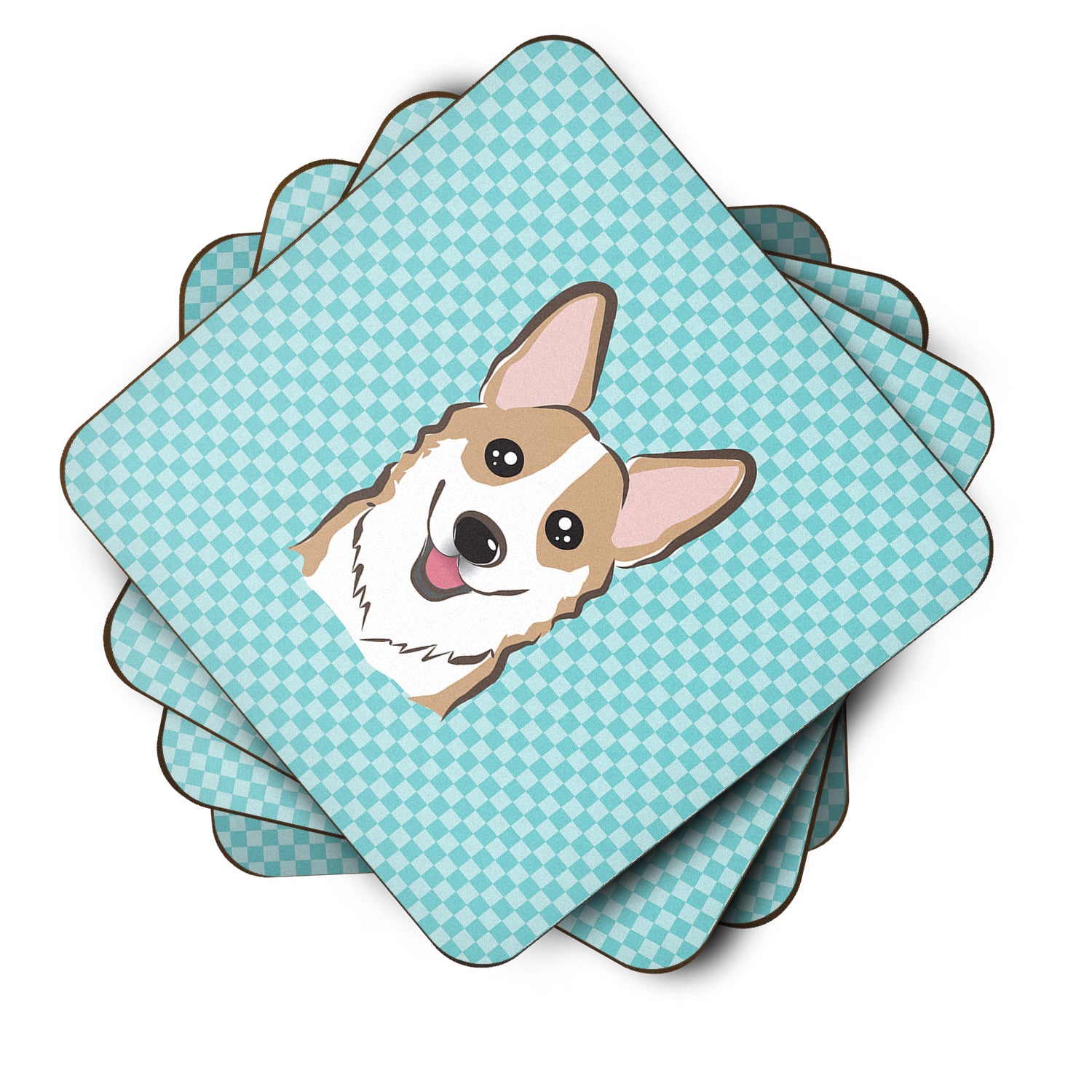 Set of 4 Checkerboard Blue Corgi Foam Coasters BB1191FC - the-store.com