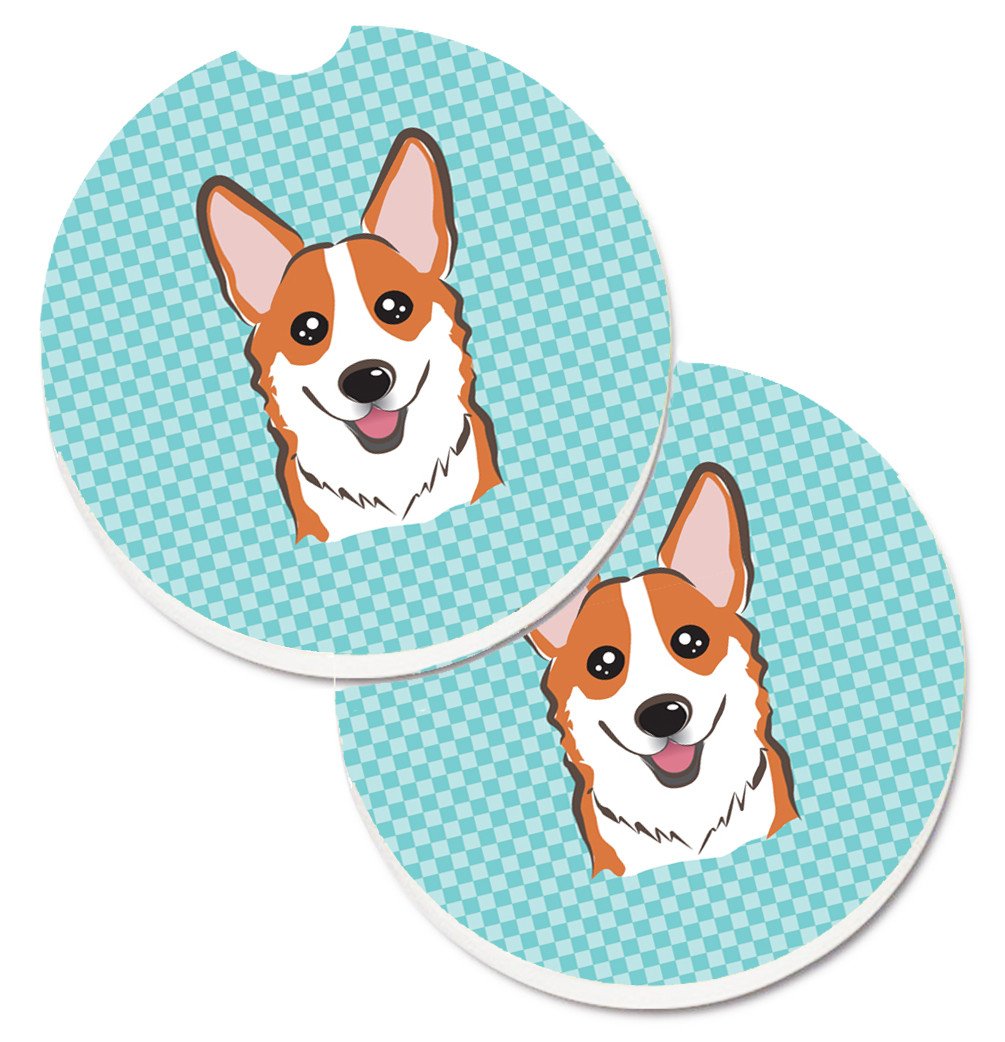 Checkerboard Blue Corgi Set of 2 Cup Holder Car Coasters BB1192CARC by Caroline's Treasures