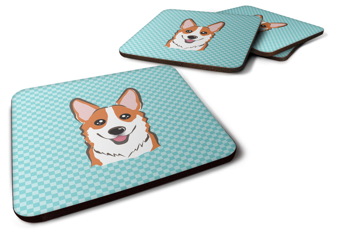 Set of 4 Checkerboard Blue Corgi Foam Coasters BB1192FC - the-store.com