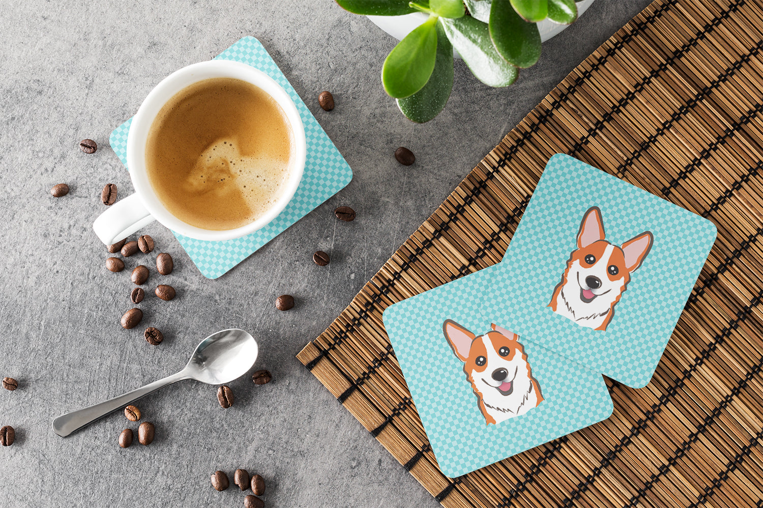 Set of 4 Checkerboard Blue Corgi Foam Coasters BB1192FC - the-store.com