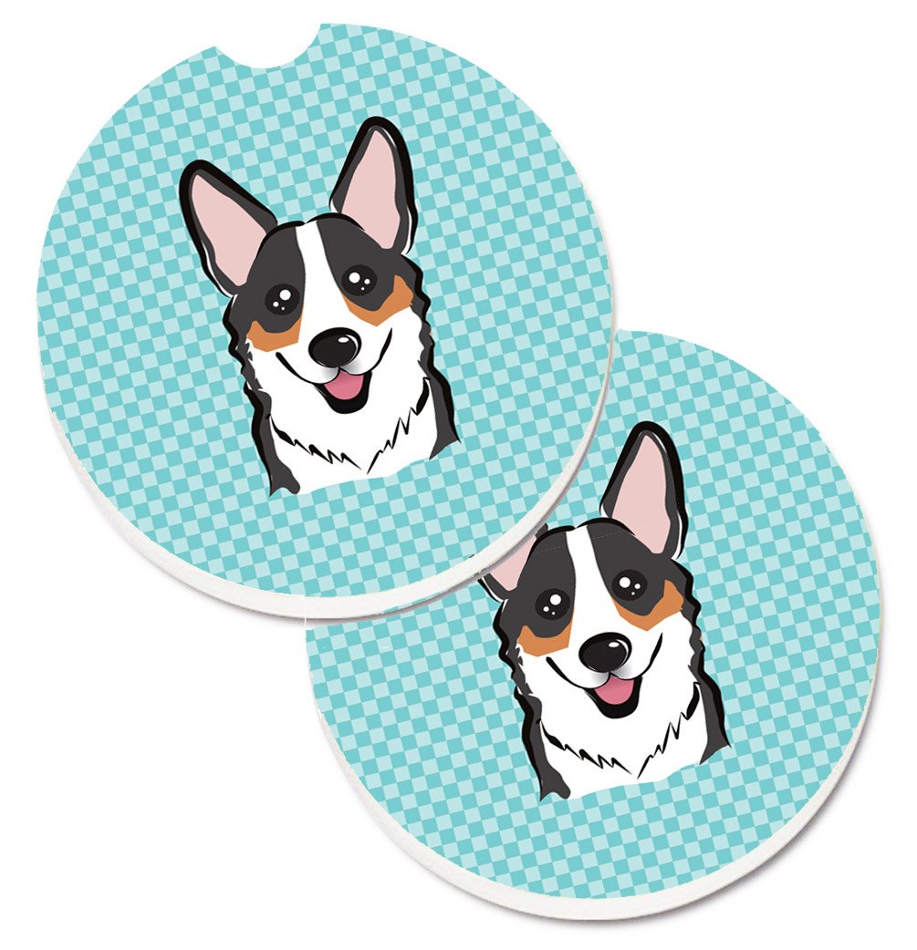 Checkerboard Blue Corgi Set of 2 Cup Holder Car Coasters BB1193CARC by Caroline's Treasures