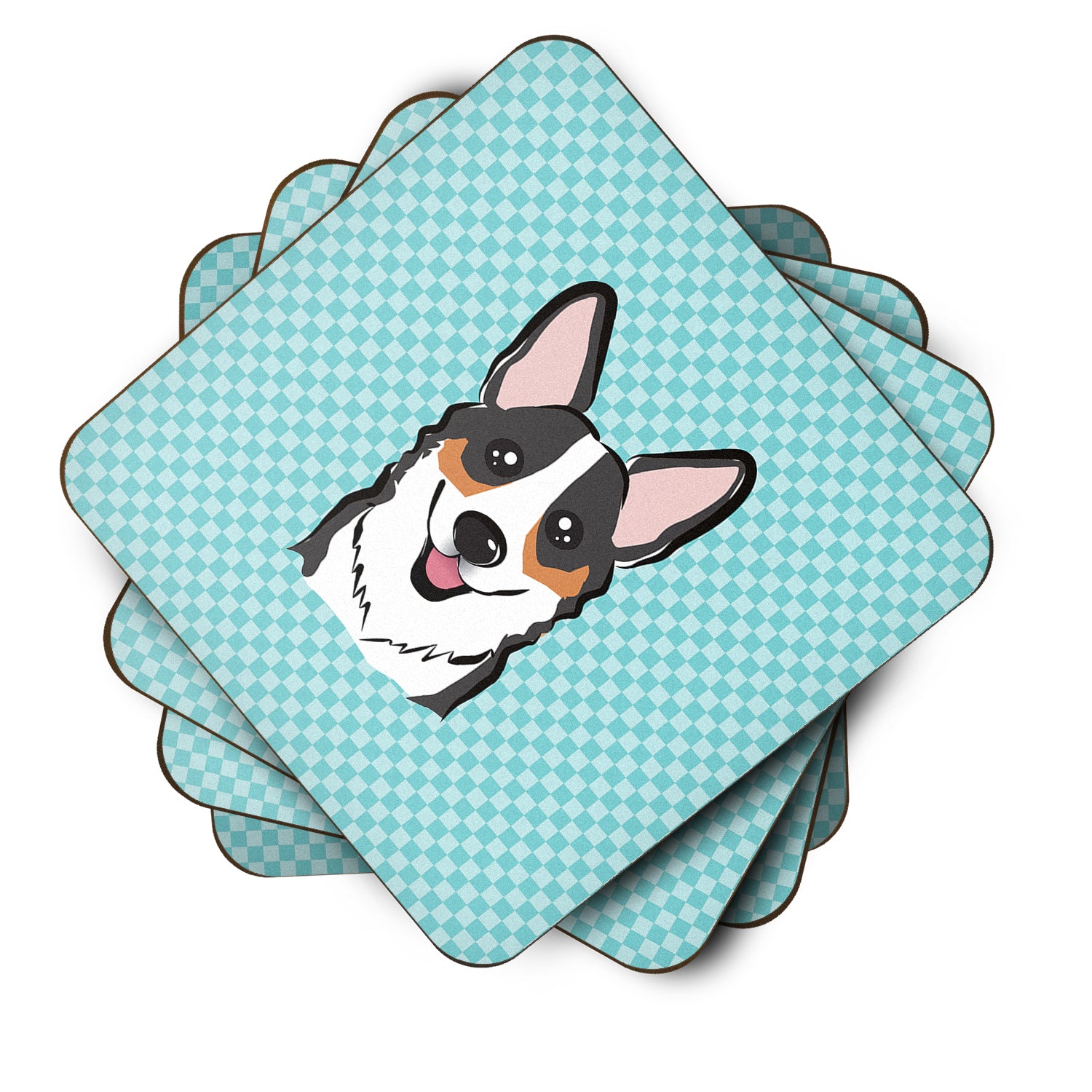 Set of 4 Checkerboard Blue Corgi Foam Coasters BB1193FC - the-store.com