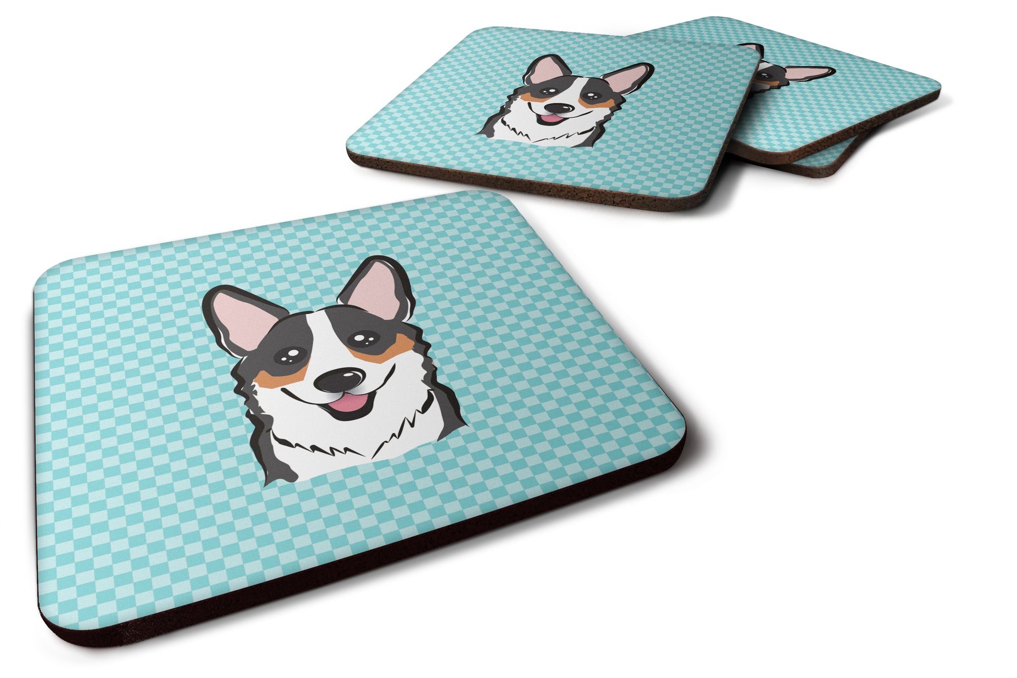 Set of 4 Checkerboard Blue Corgi Foam Coasters BB1193FC - the-store.com