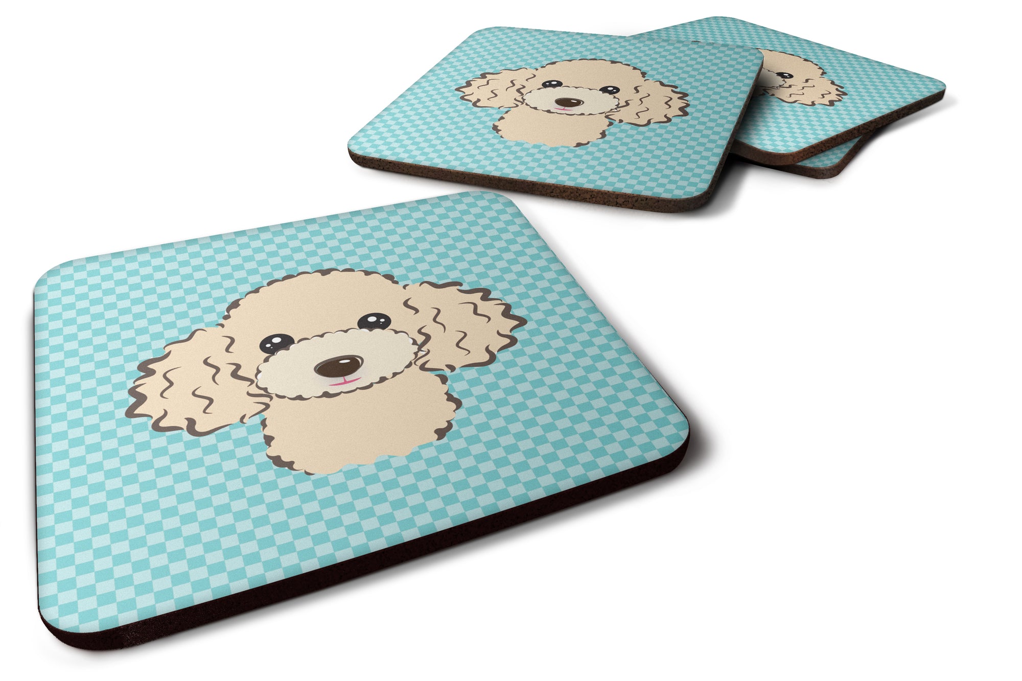 Set of 4 Checkerboard Blue Buff Poodle Foam Coasters BB1196FC - the-store.com