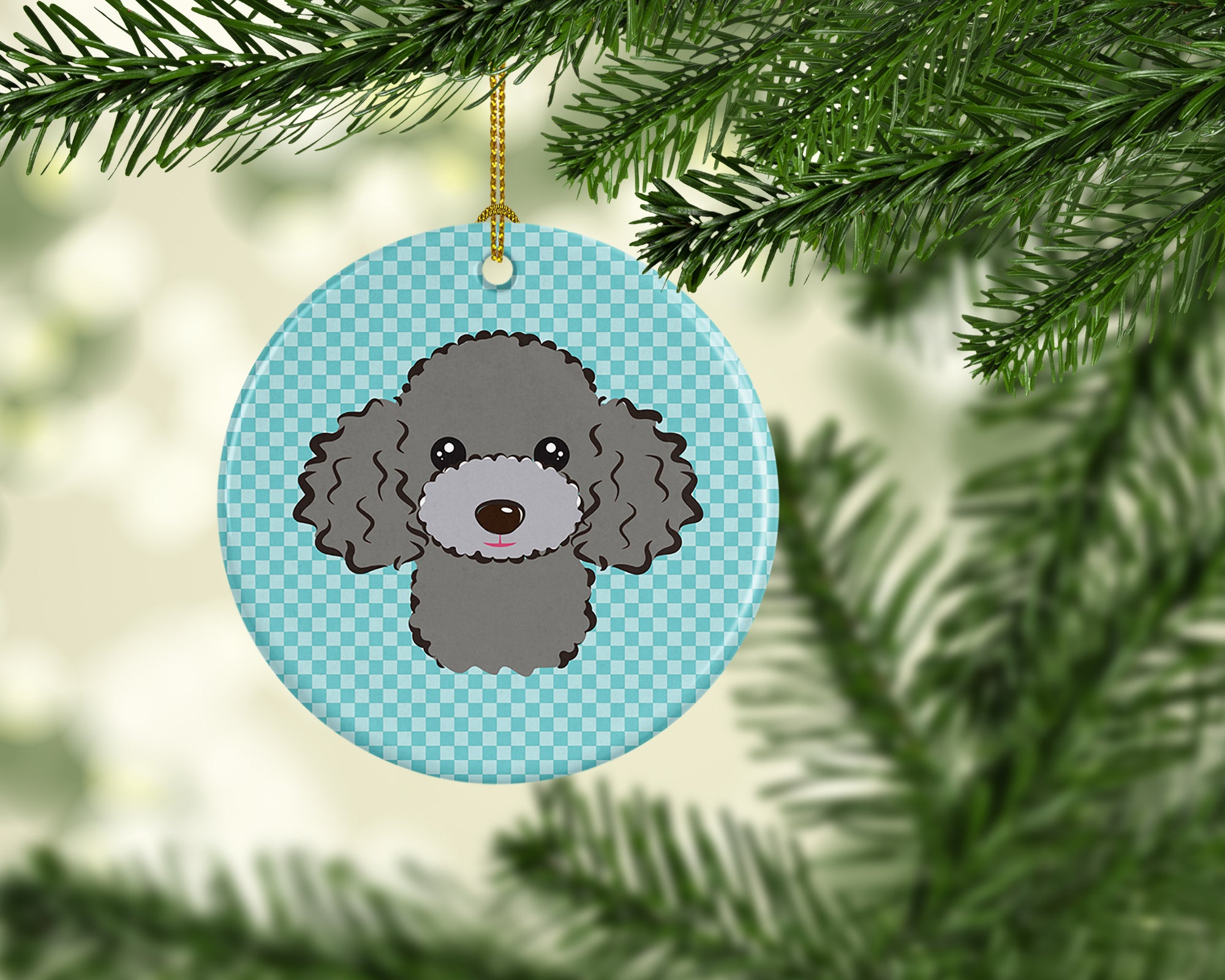 Checkerboard Blue Silver Gray Poodle Ceramic Ornament BB1197CO1 - the-store.com