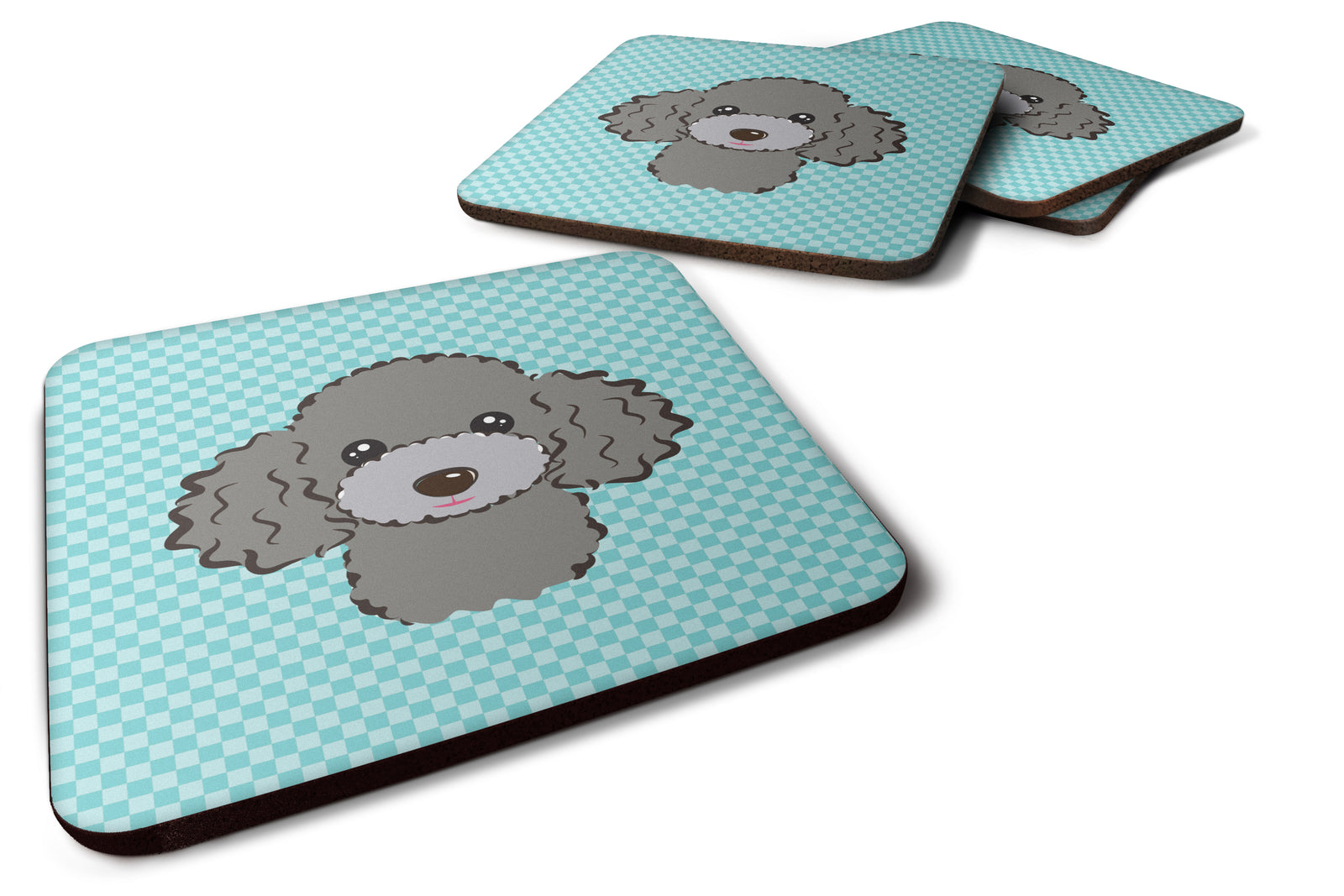 Set of 4 Checkerboard Blue Silver Gray Poodle Foam Coasters BB1197FC - the-store.com