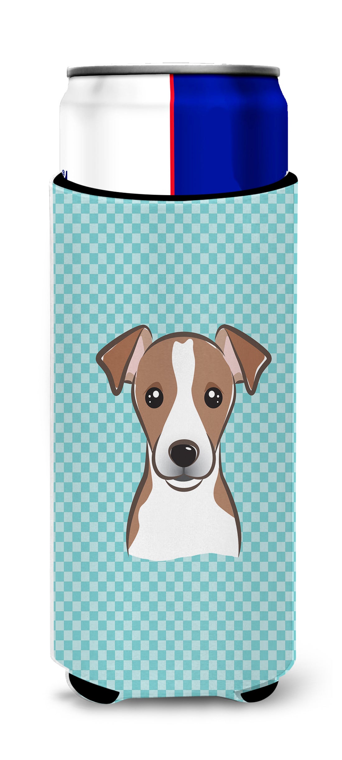 Checkerboard Blue Jack Russell Terrier Ultra Beverage Insulators for slim cans.