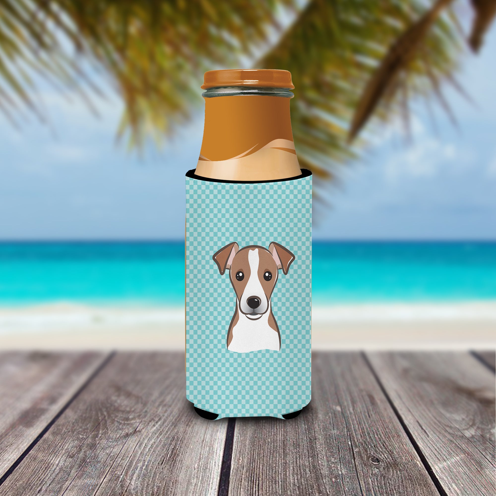 Checkerboard Blue Jack Russell Terrier Ultra Beverage Insulators for slim cans.