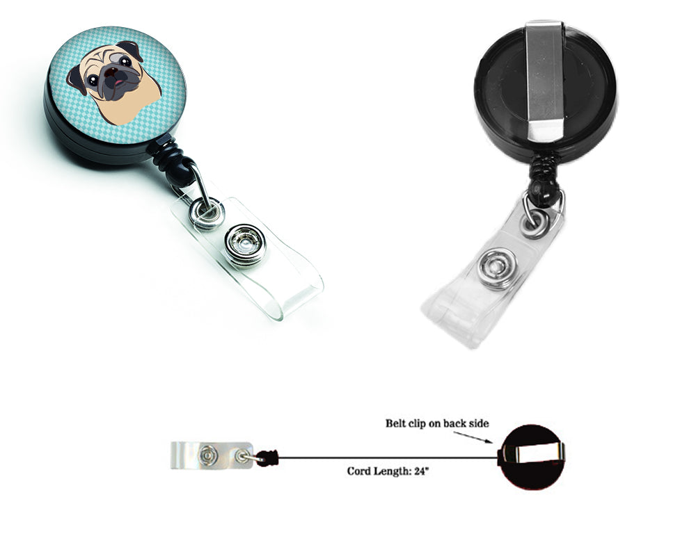 Checkerboard Blue Fawn Pug Retractable Badge Reel BB1200BR.