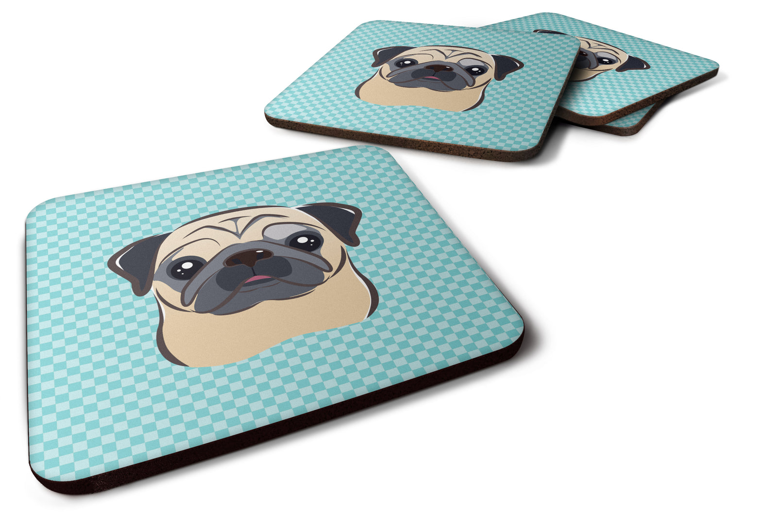 Set of 4 Checkerboard Blue Fawn Pug Foam Coasters BB1200FC - the-store.com