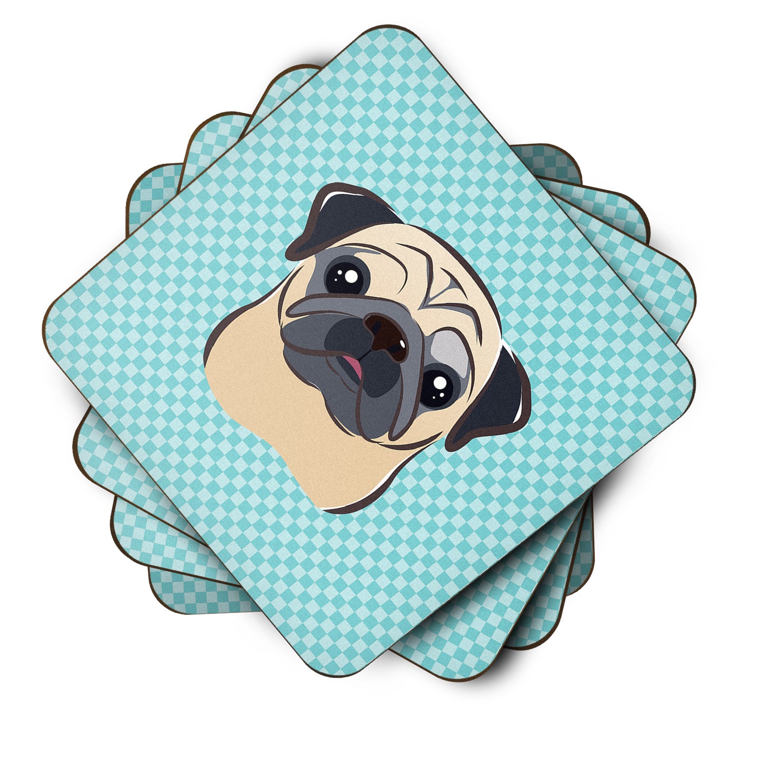 Set of 4 Checkerboard Blue Fawn Pug Foam Coasters BB1200FC - the-store.com