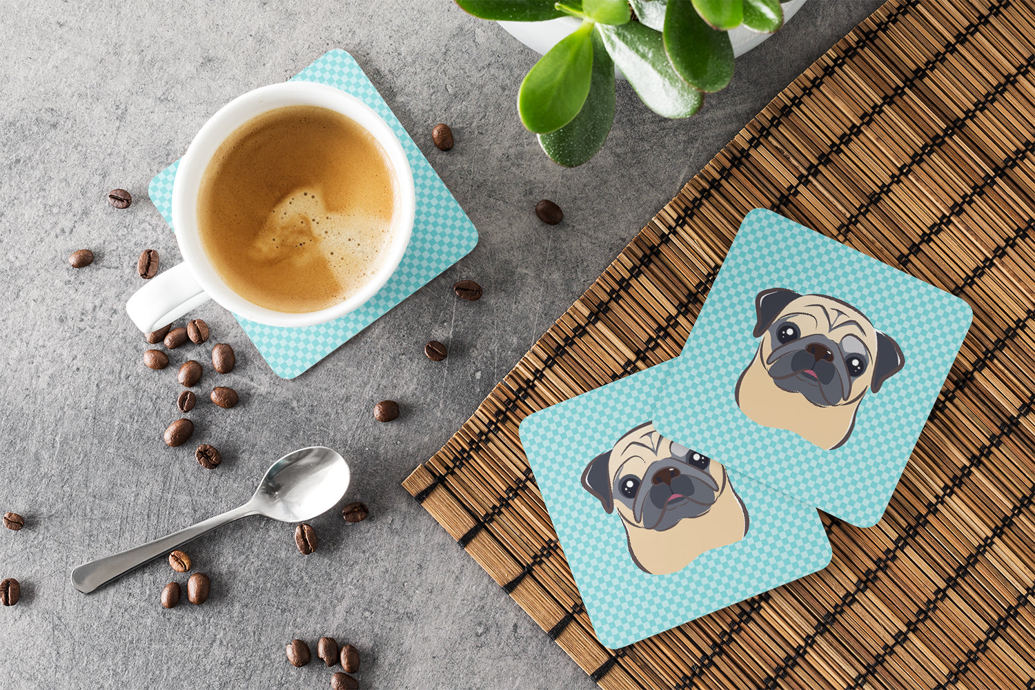 Set of 4 Checkerboard Blue Fawn Pug Foam Coasters BB1200FC - the-store.com