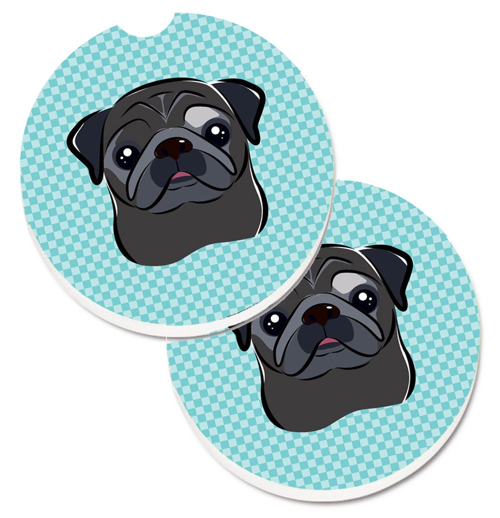 Checkerboard Blue Black Pug Set of 2 Cup Holder Car Coasters BB1201CARC by Caroline's Treasures