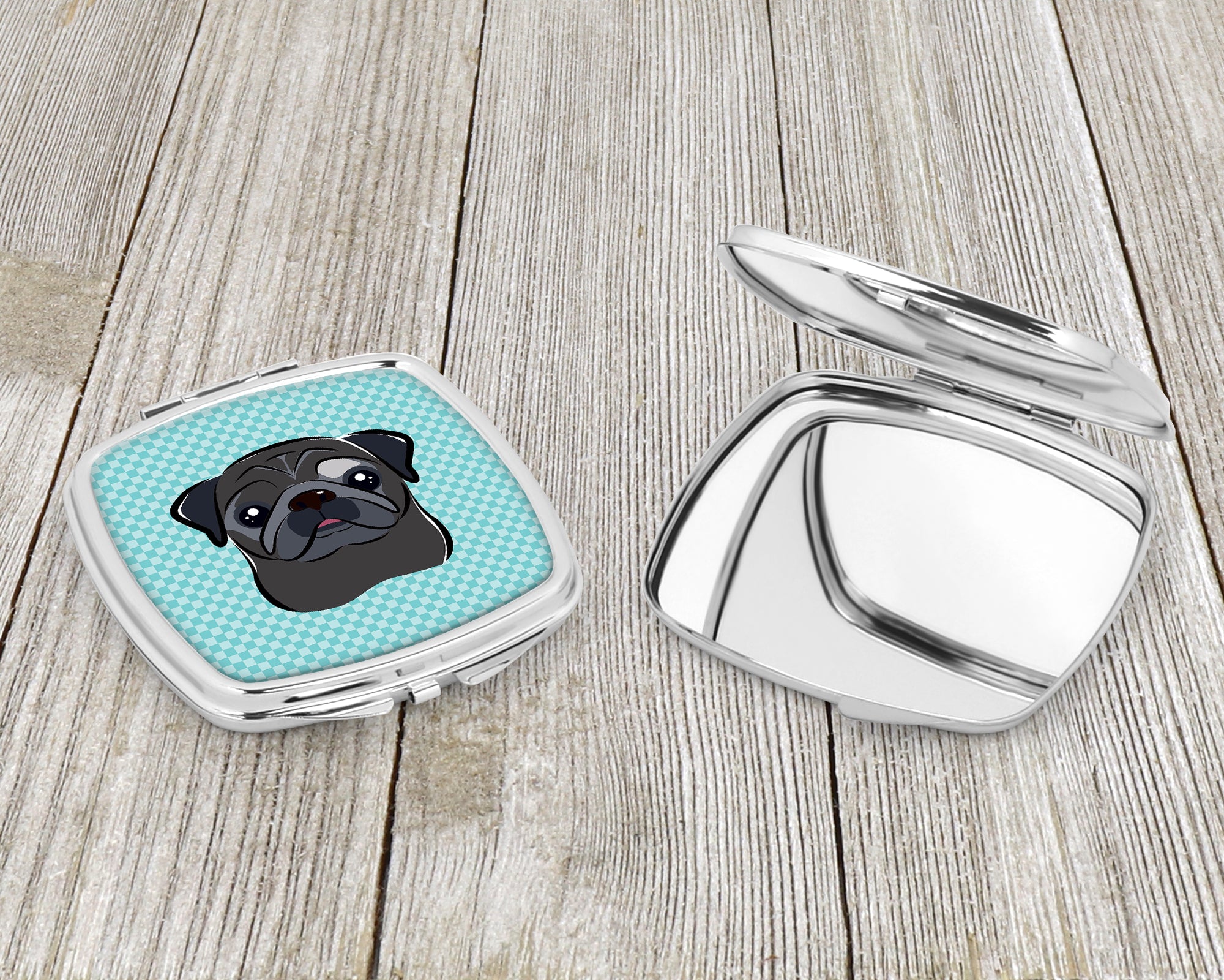 Checkerboard Blue Black Pug Compact Mirror BB1201SCM  the-store.com.