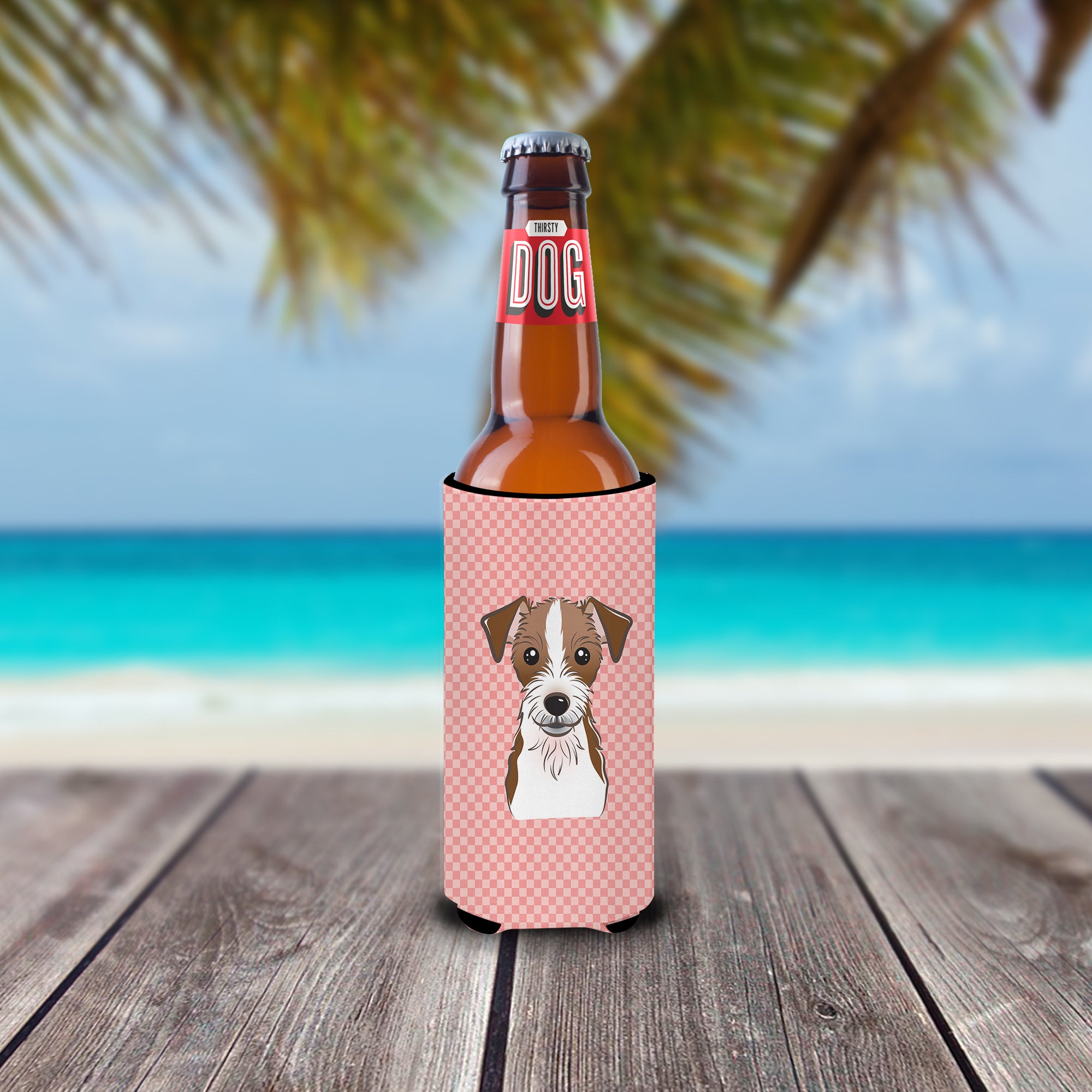 Checkerboard Pink Jack Russell Terrier Ultra Beverage Insulators for slim cans.