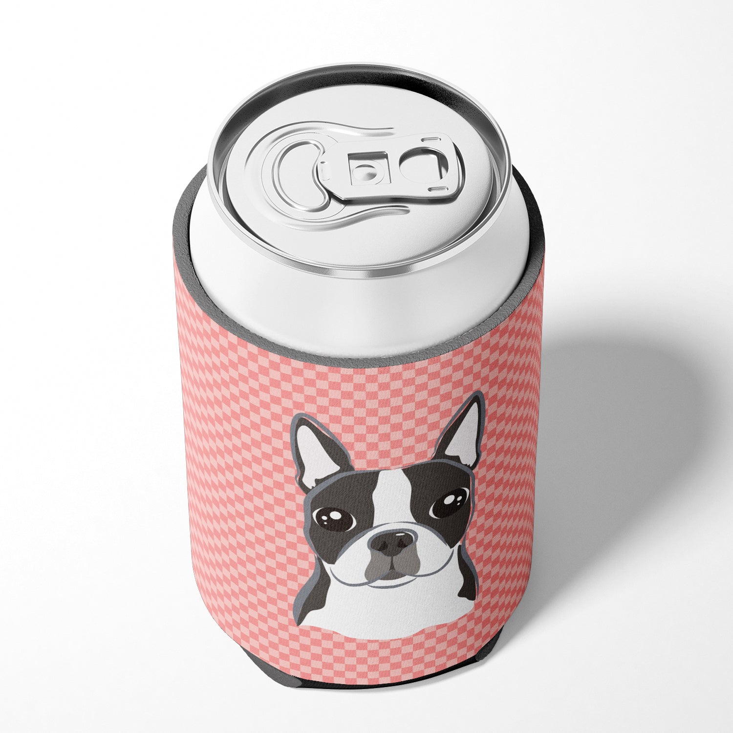 Checkerboard Pink Boston Terrier Can or Bottle Hugger BB1203CC.