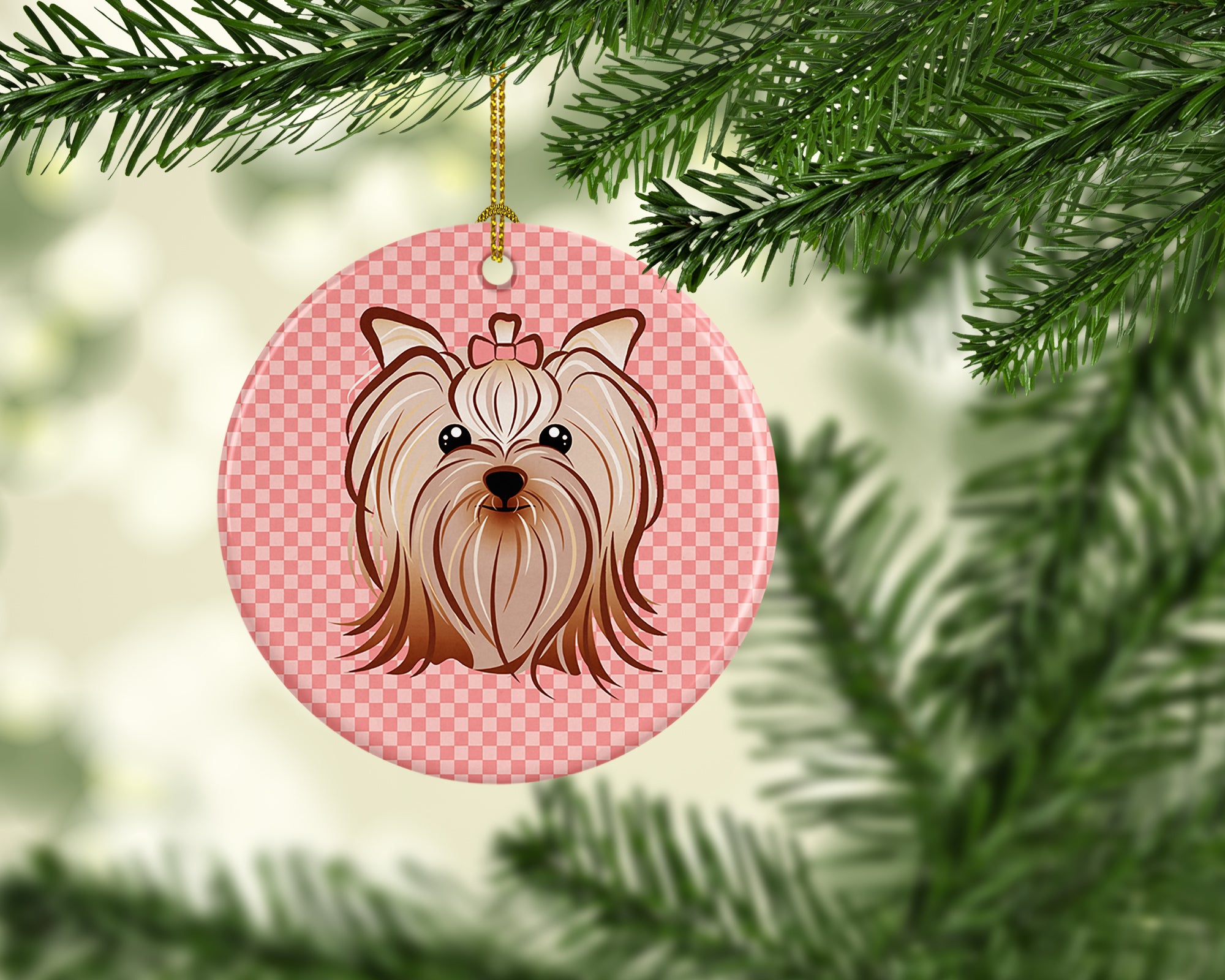 Checkerboard Pink Yorkie Yorkishire Terrier Ceramic Ornament BB1204CO1 - the-store.com