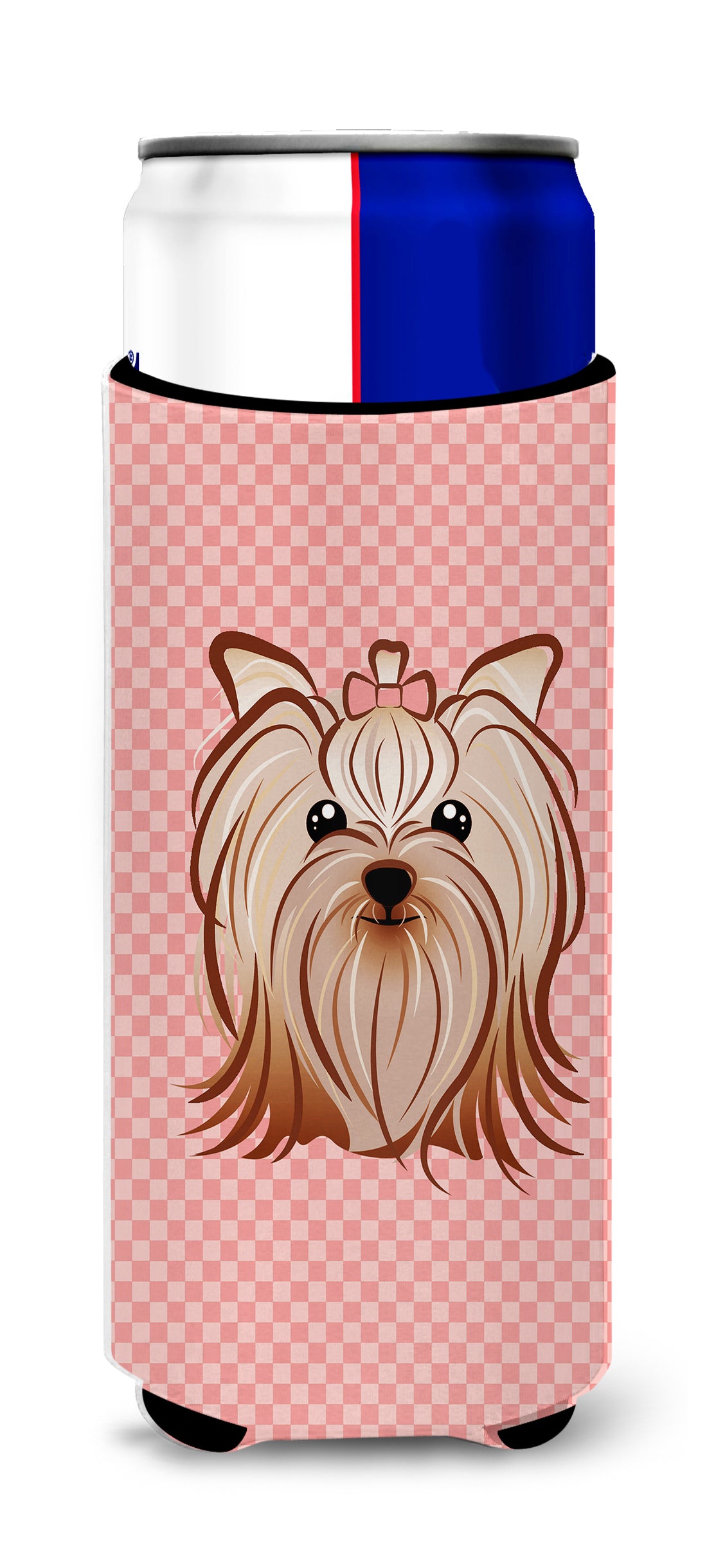 Checkerboard Pink Yorkie Yorkshire Terrier Ultra Beverage Insulators for slim cans.