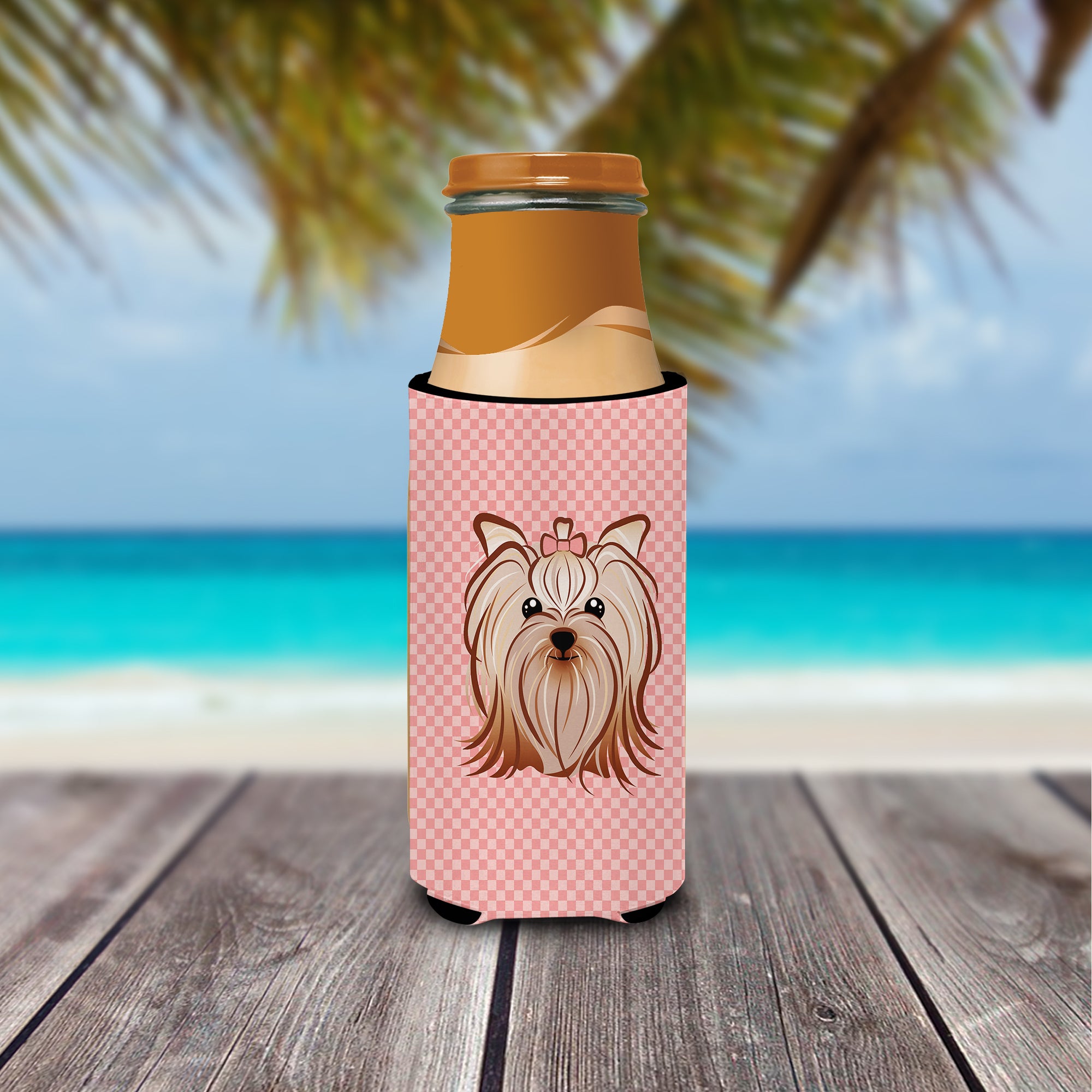 Checkerboard Pink Yorkie Yorkshire Terrier Ultra Beverage Insulators for slim cans.