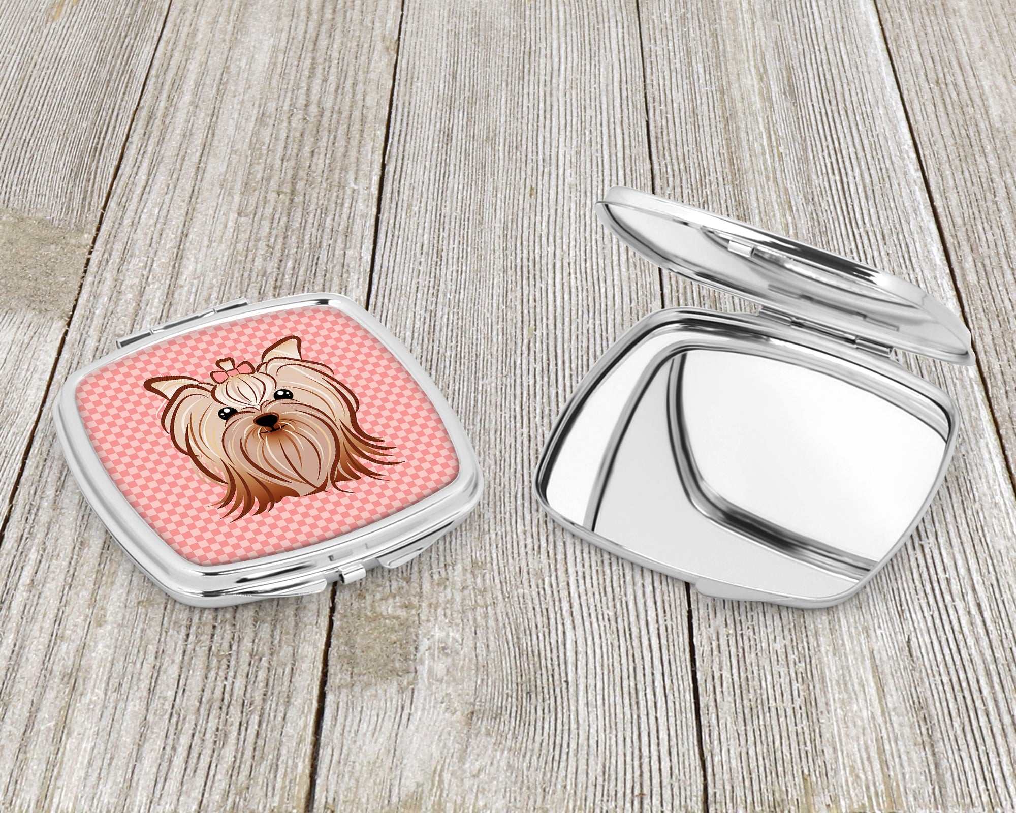 Checkerboard Pink Yorkie Yorkshire Terrier Compact Mirror BB1204SCM  the-store.com.