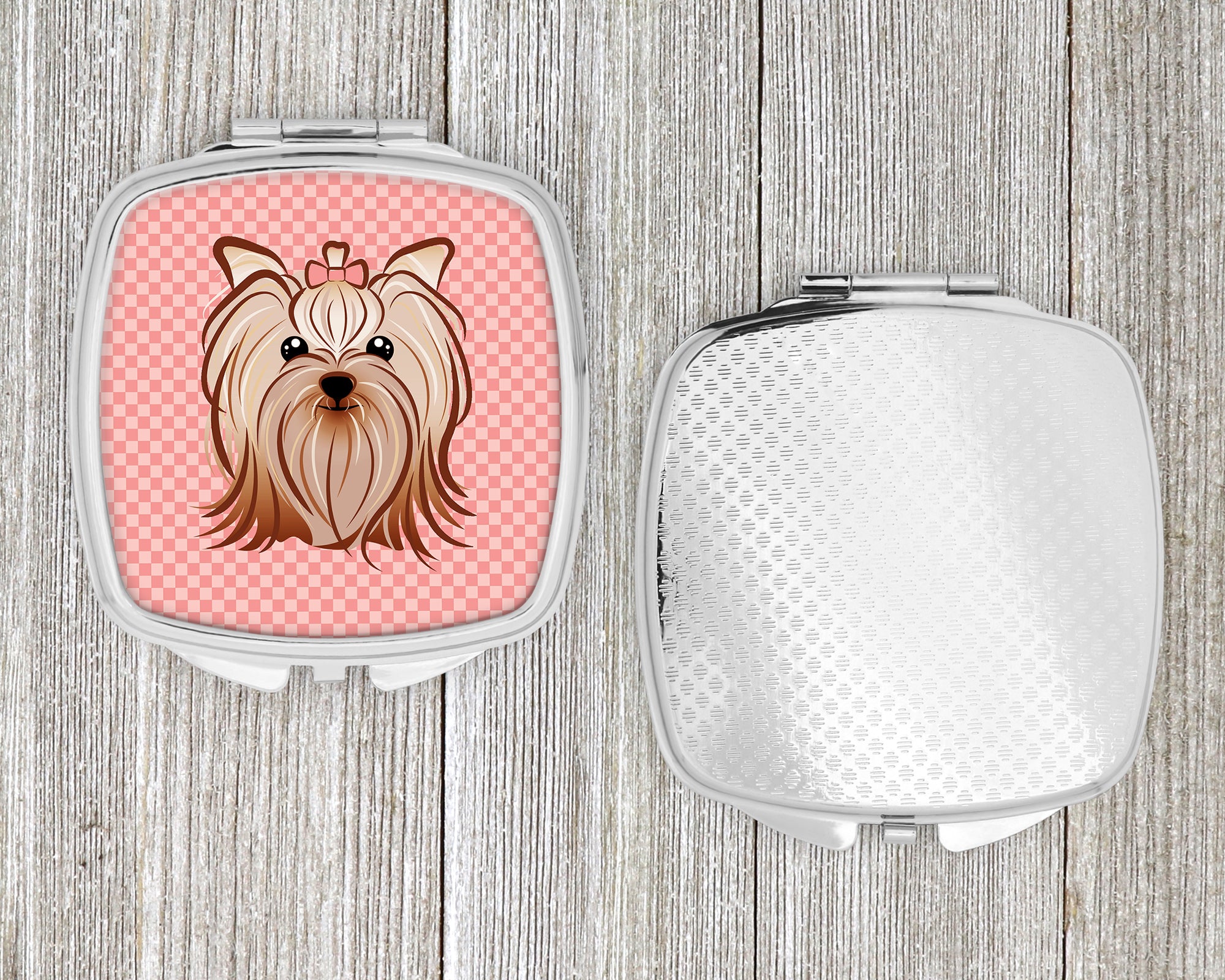 Checkerboard Pink Yorkie Yorkshire Terrier Compact Mirror BB1204SCM  the-store.com.