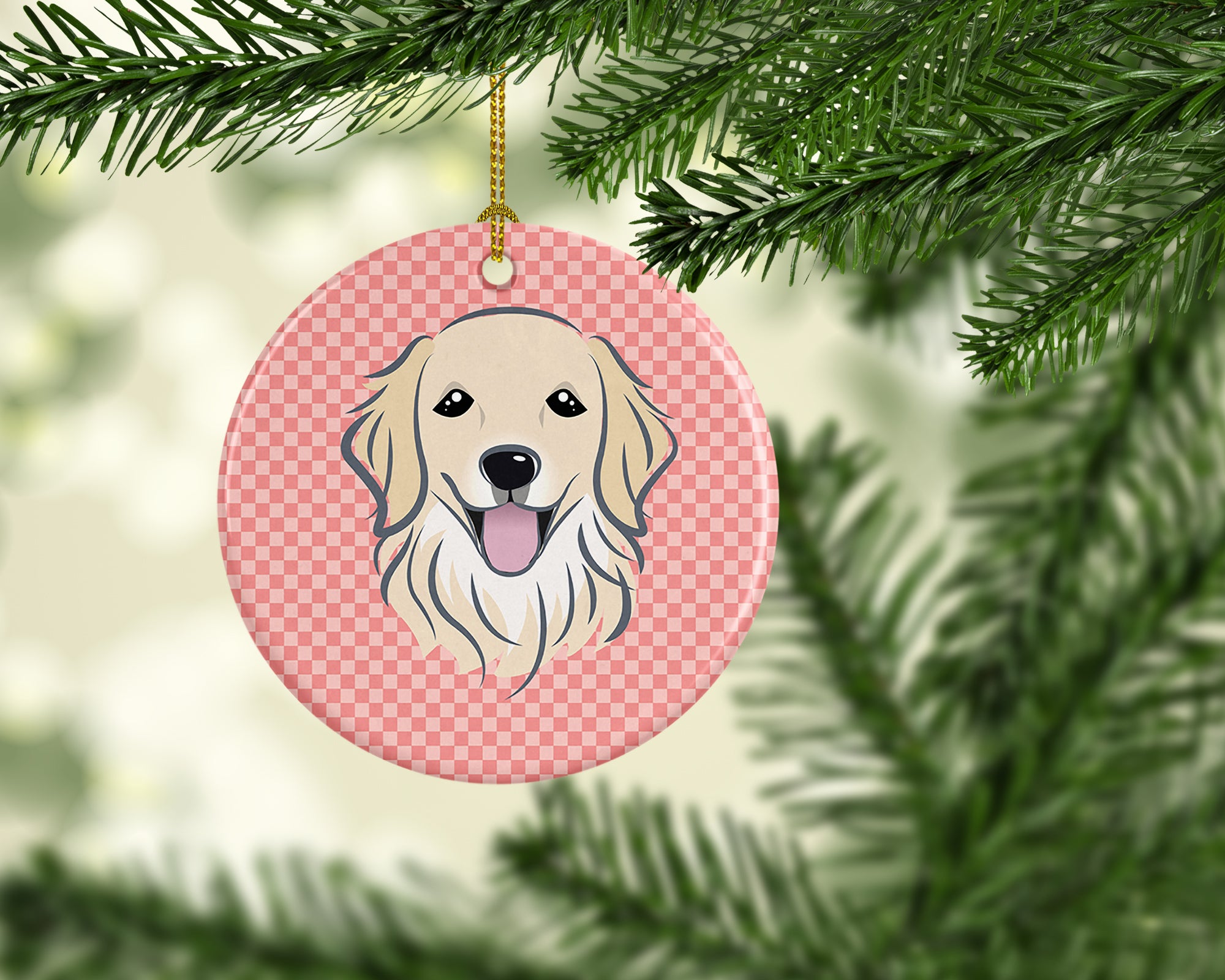 Checkerboard Pink Golden Retriever Ceramic Ornament BB1205CO1 - the-store.com