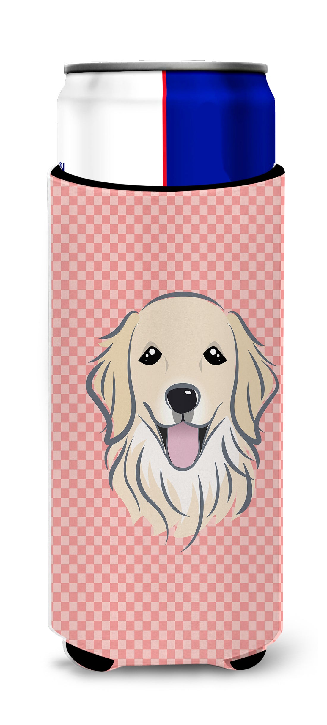 Checkerboard Pink Golden Retriever Ultra Beverage Insulators for slim cans.