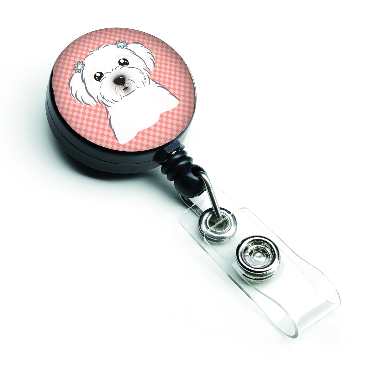 Checkerboard Pink Maltese Retractable Badge Reel BB1208BR.